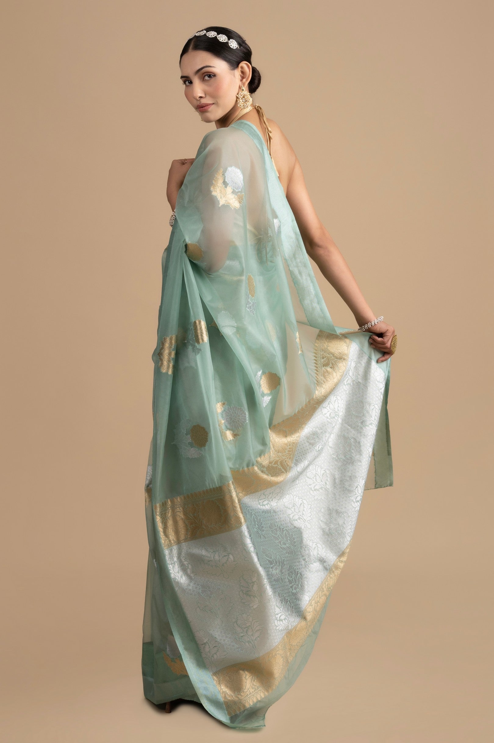 Sky Blue Organza Silk banarasi Handlooom Saree