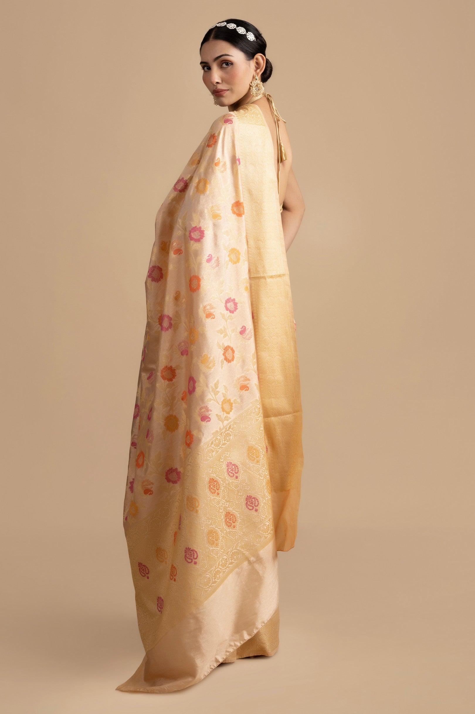 Beige Floral Meenakari Pure Silk Banarasi Handloom Saree