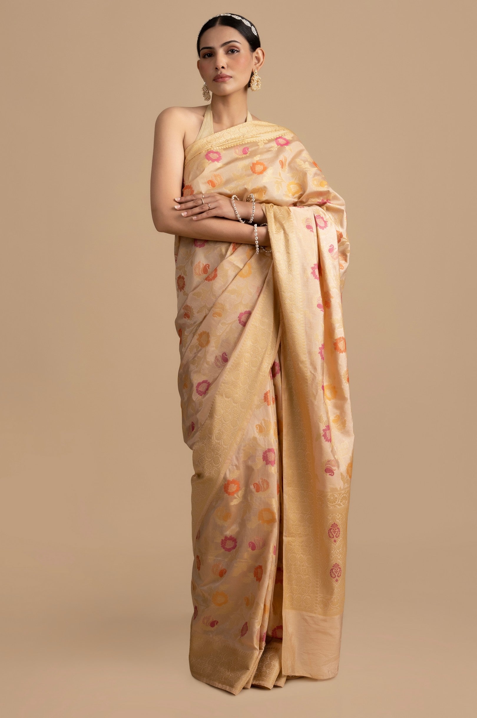 Beige Floral Meenakari Pure Silk Banarasi Handloom Saree