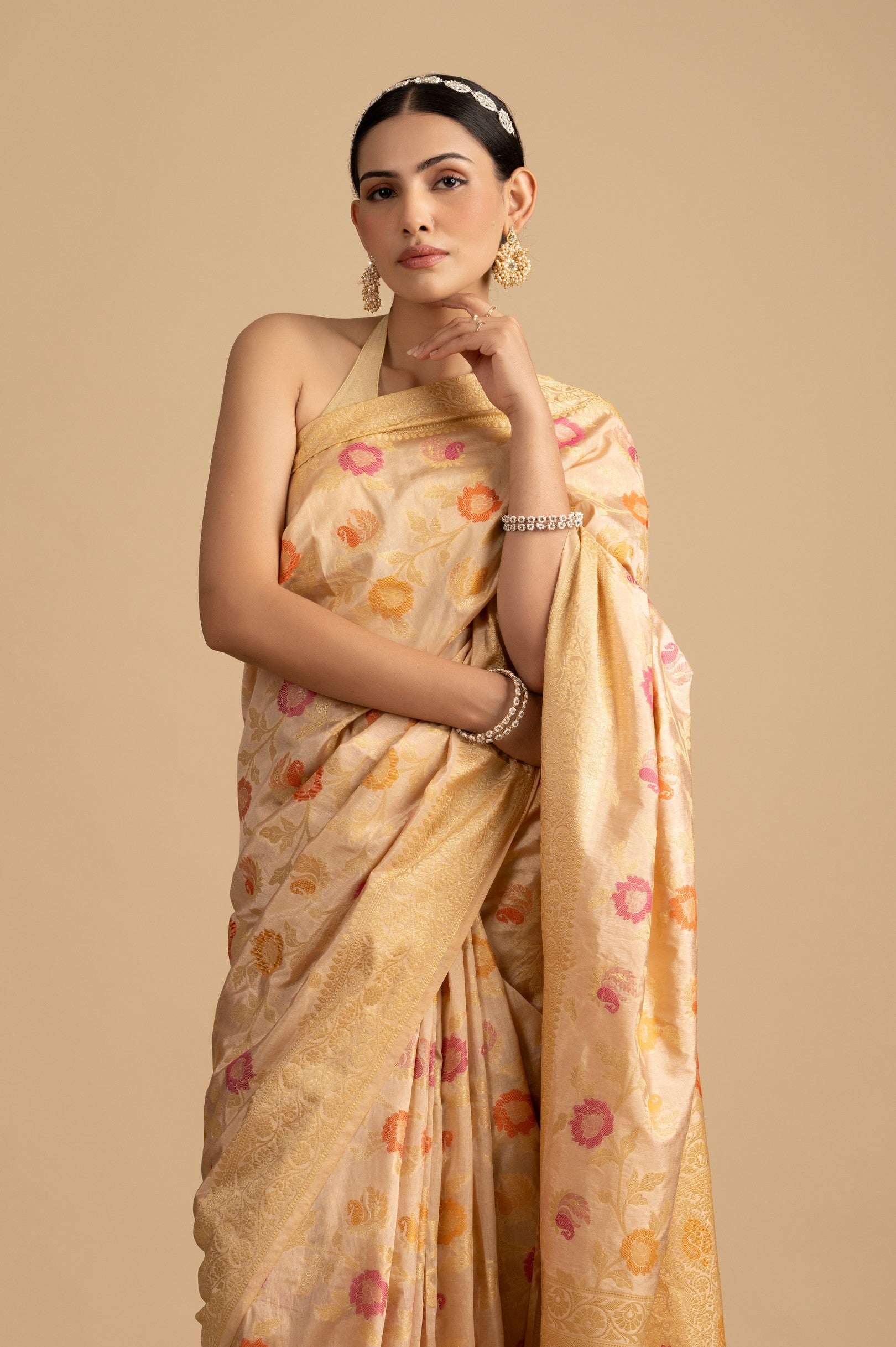 Beige Floral Meenakari Pure Silk Banarasi Handloom Saree