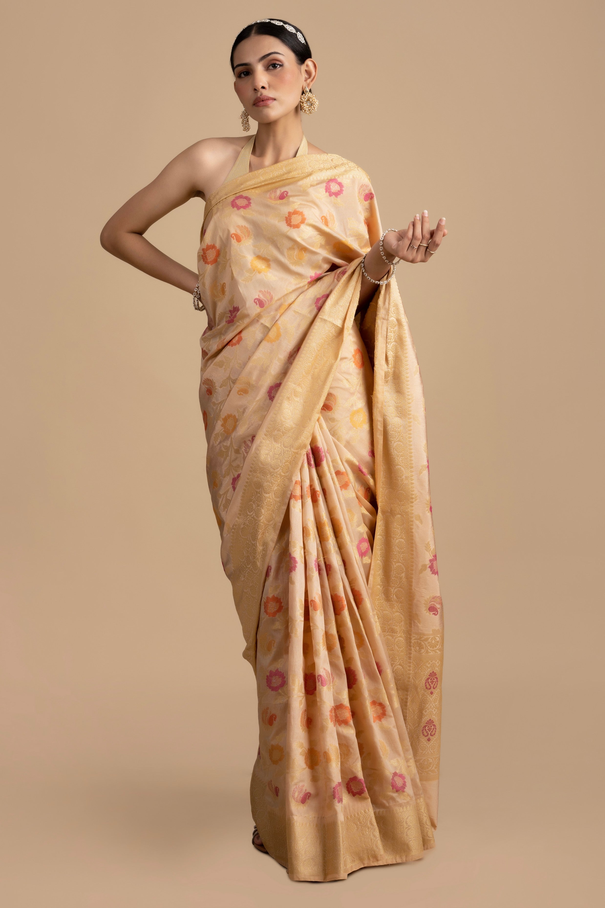 Beige Floral Meenakari Pure Silk Banarasi Handloom Saree
