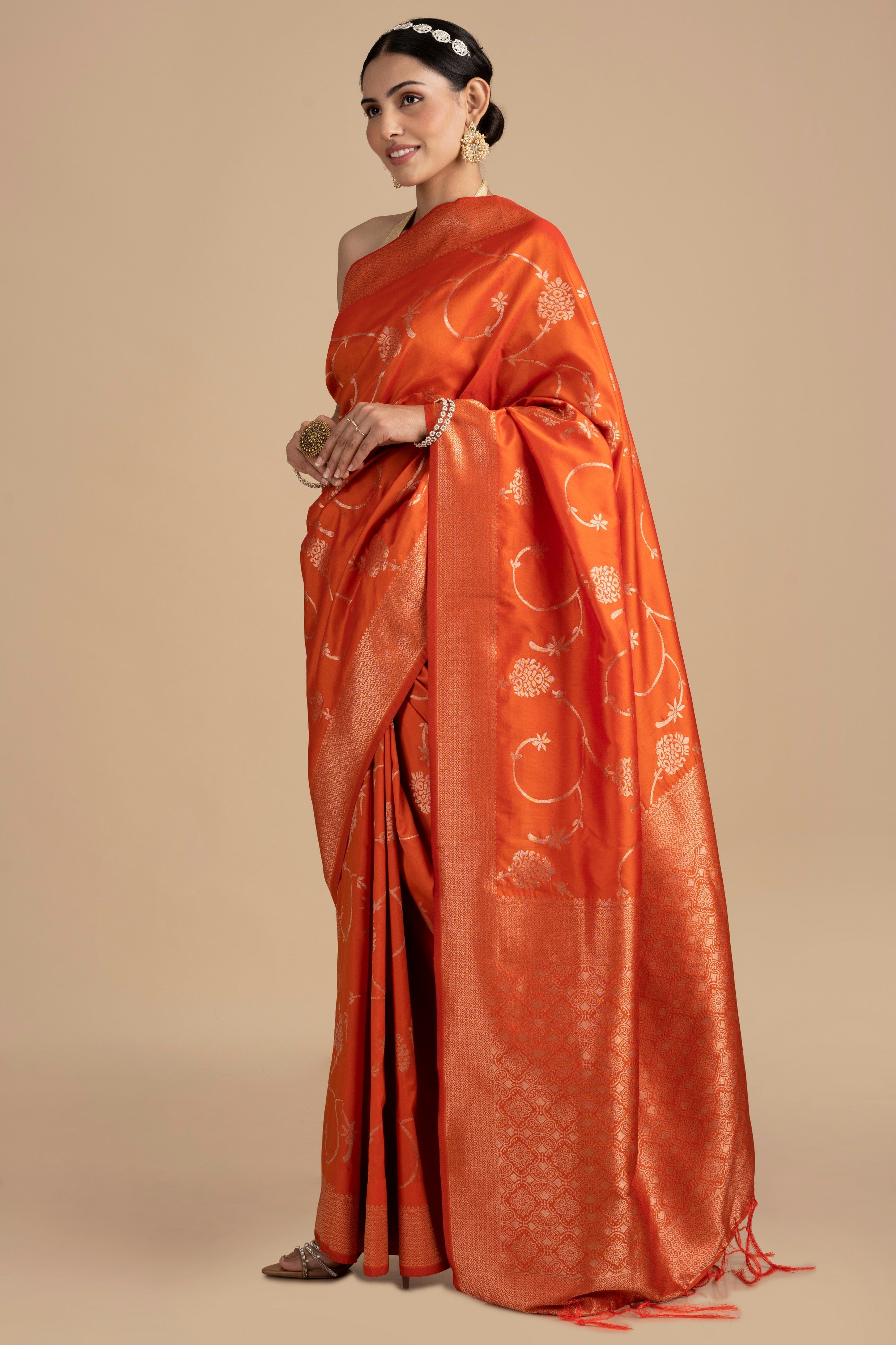 Orange Pure Silk Banarasi Handloom Saree