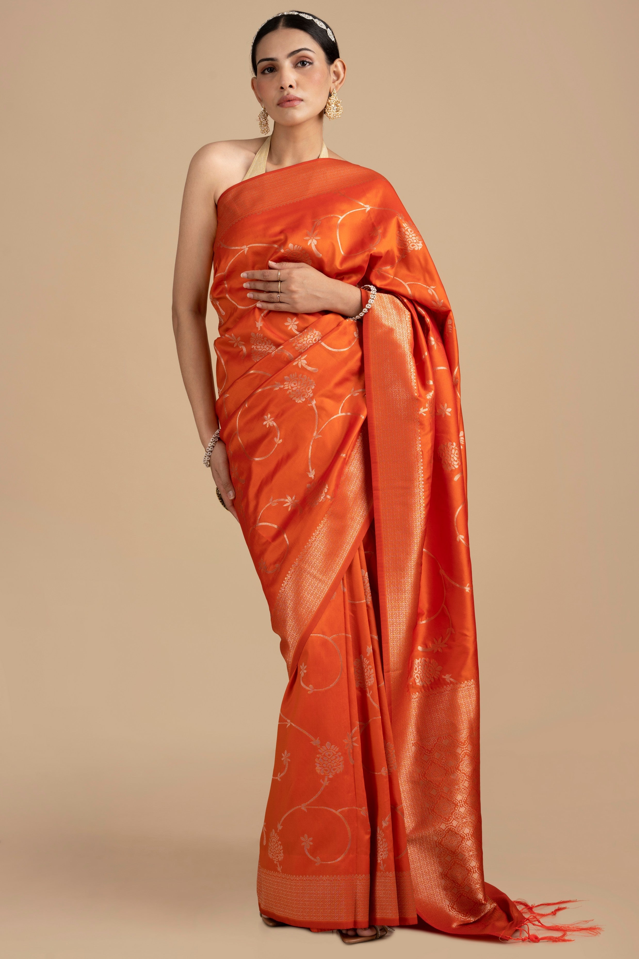 Orange Pure Silk Banarasi Handloom Saree