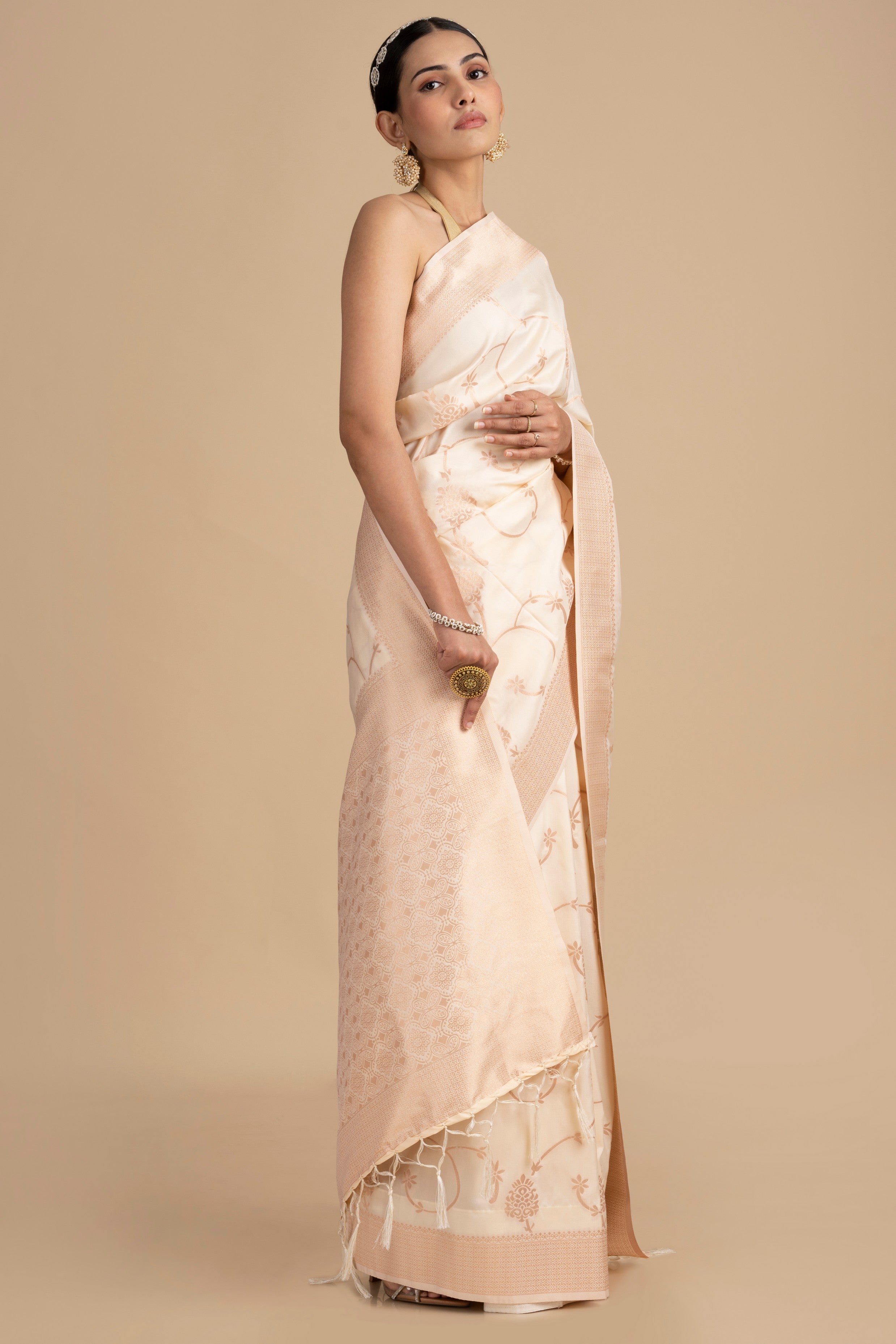 Cream Pure Silk Banarasi Handloom Saree