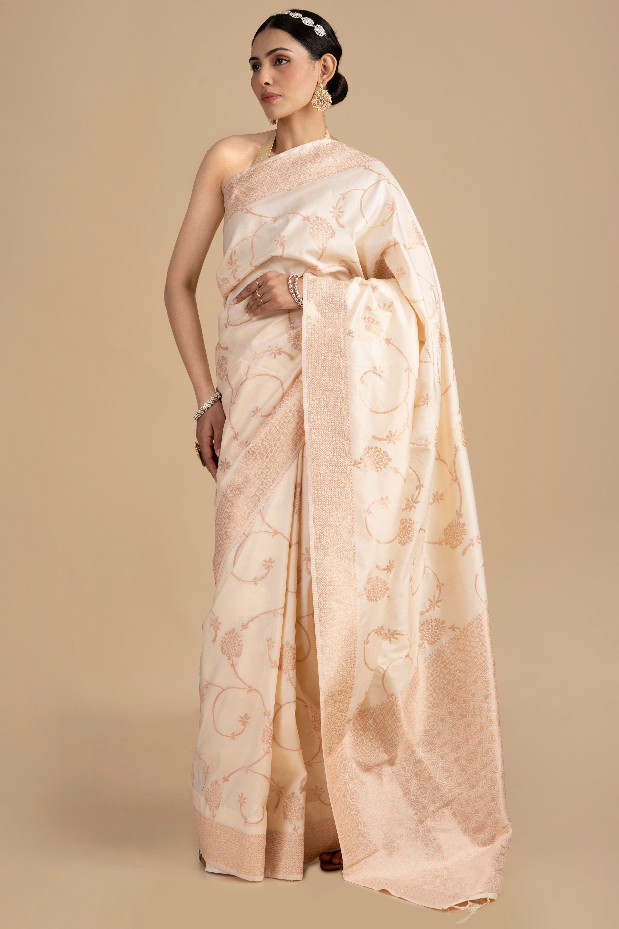 Cream Pure Silk Banarasi Handloom Saree