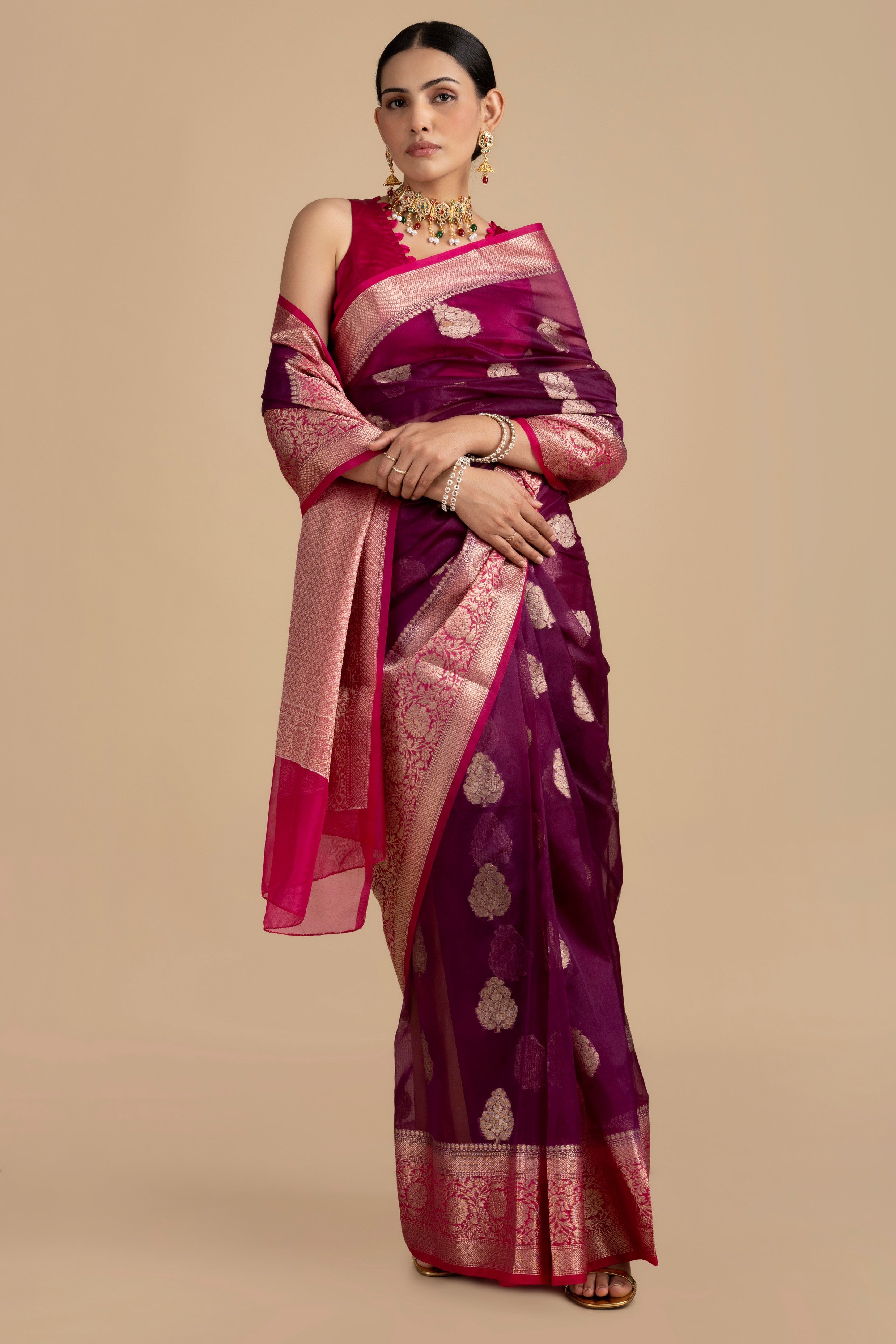 Purple-Pink Kora Organza Silk Banarasi Handloom Saree