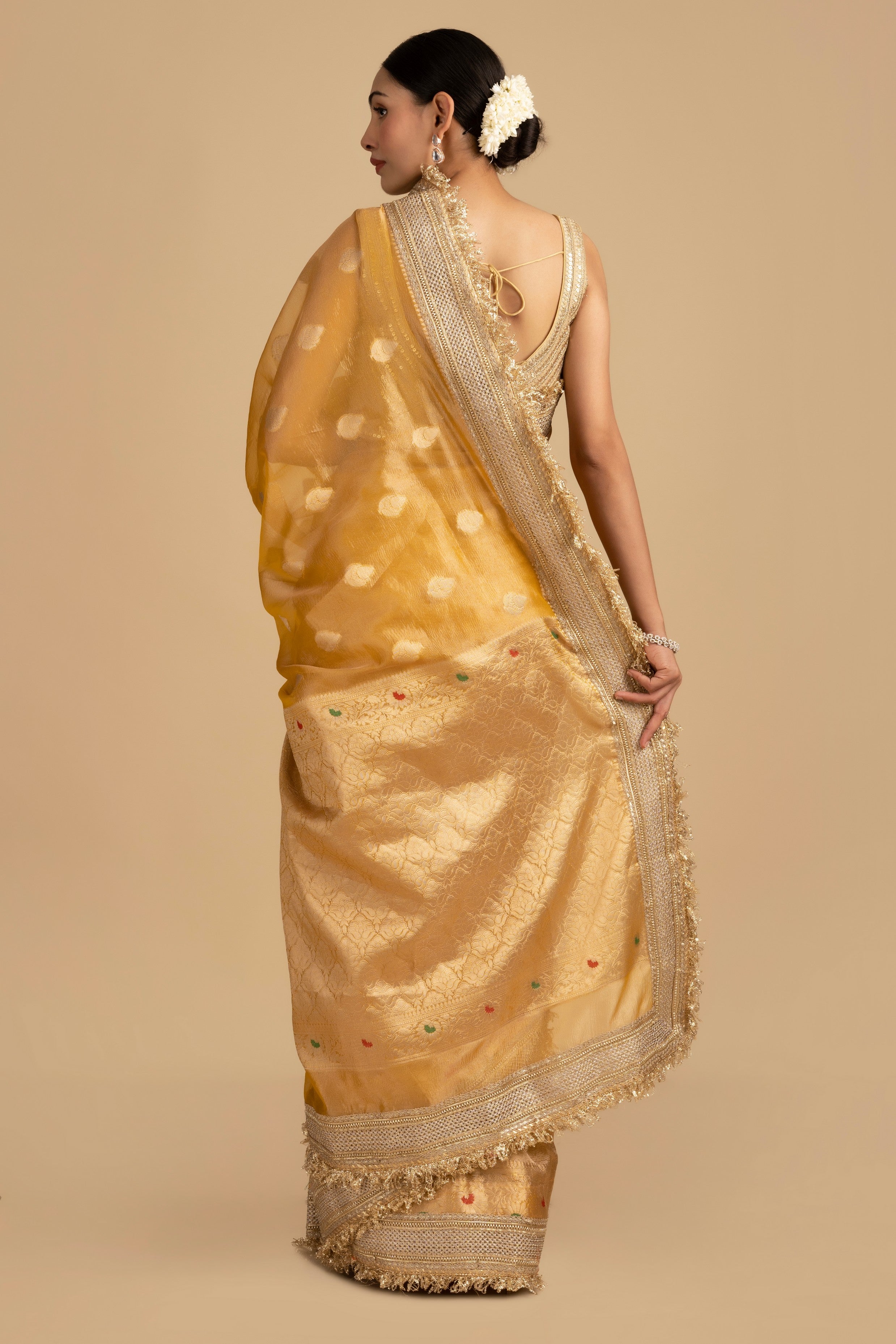 Mustard yellow Pure crushed tissue silk Banarasi hanloom Saree