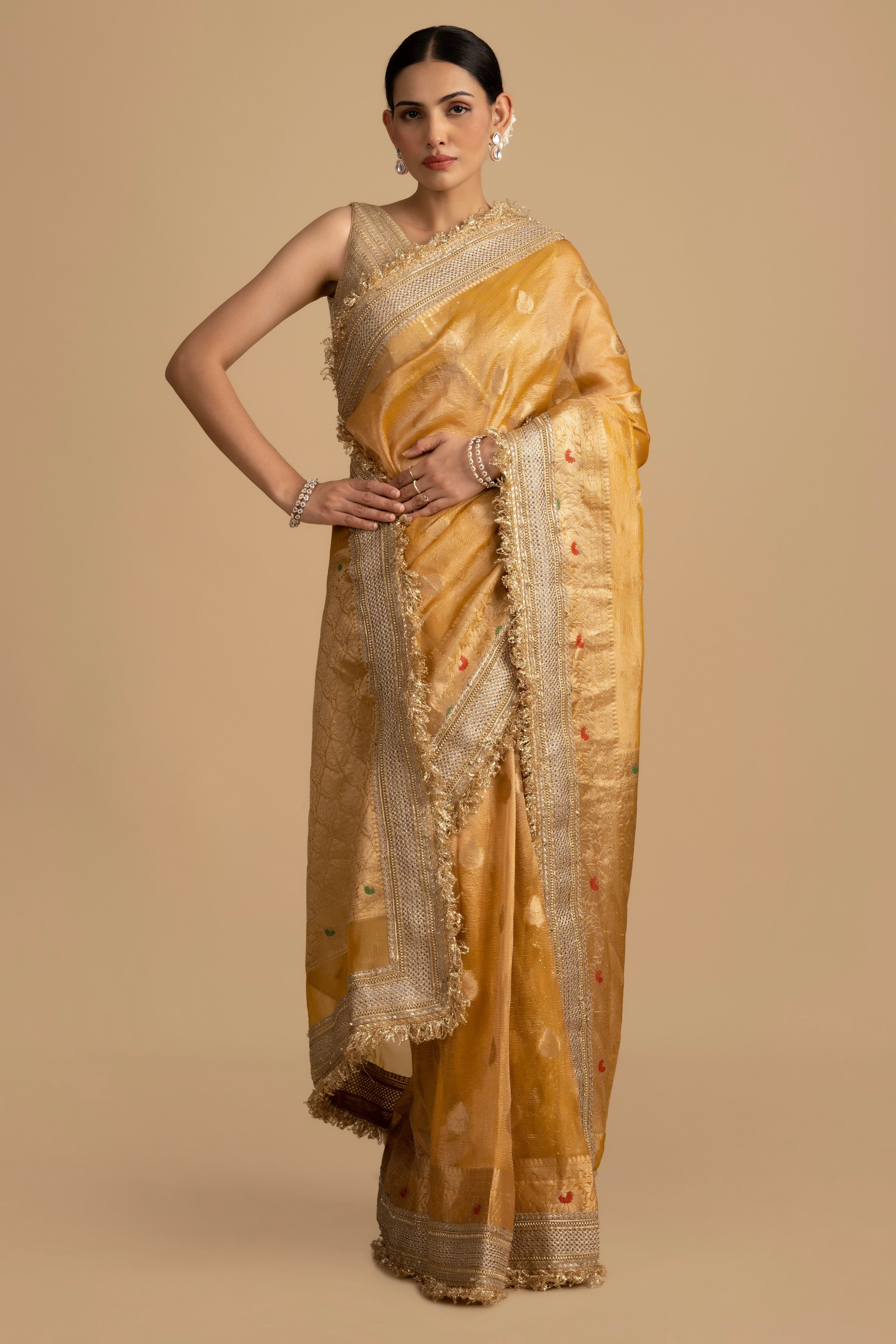 Mustard yellow Pure crushed tissue silk Banarasi hanloom Saree