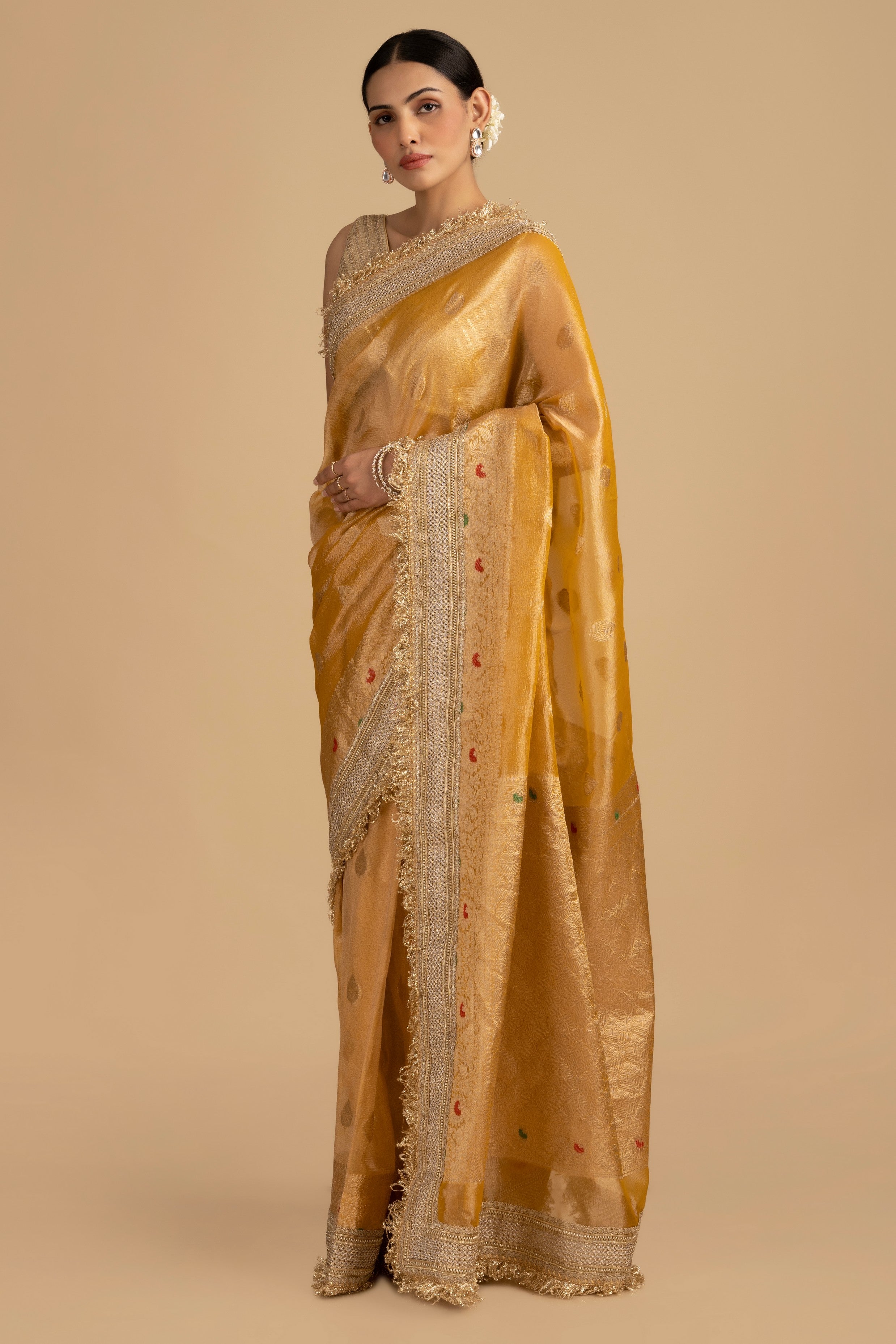 Mustard yellow Pure crushed tissue silk Banarasi hanloom Saree