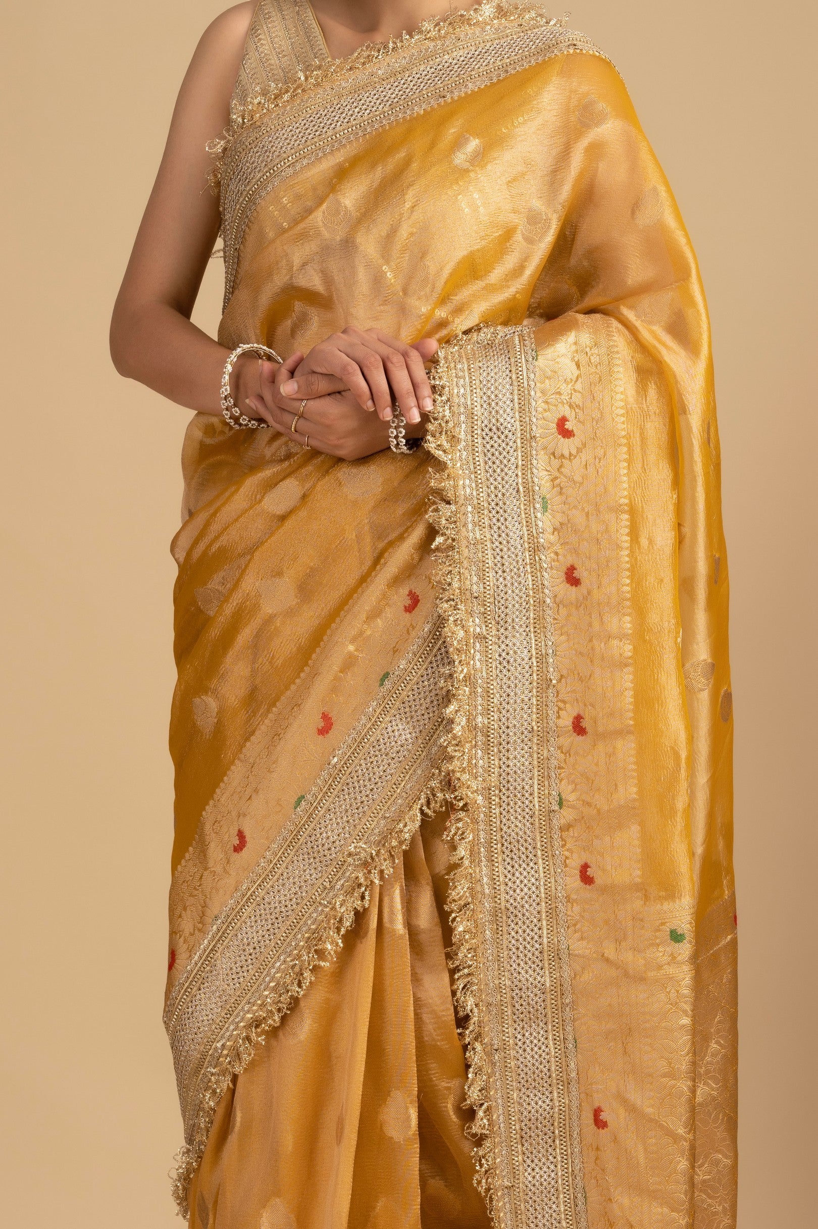 Mustard yellow Pure crushed tissue silk Banarasi hanloom Saree