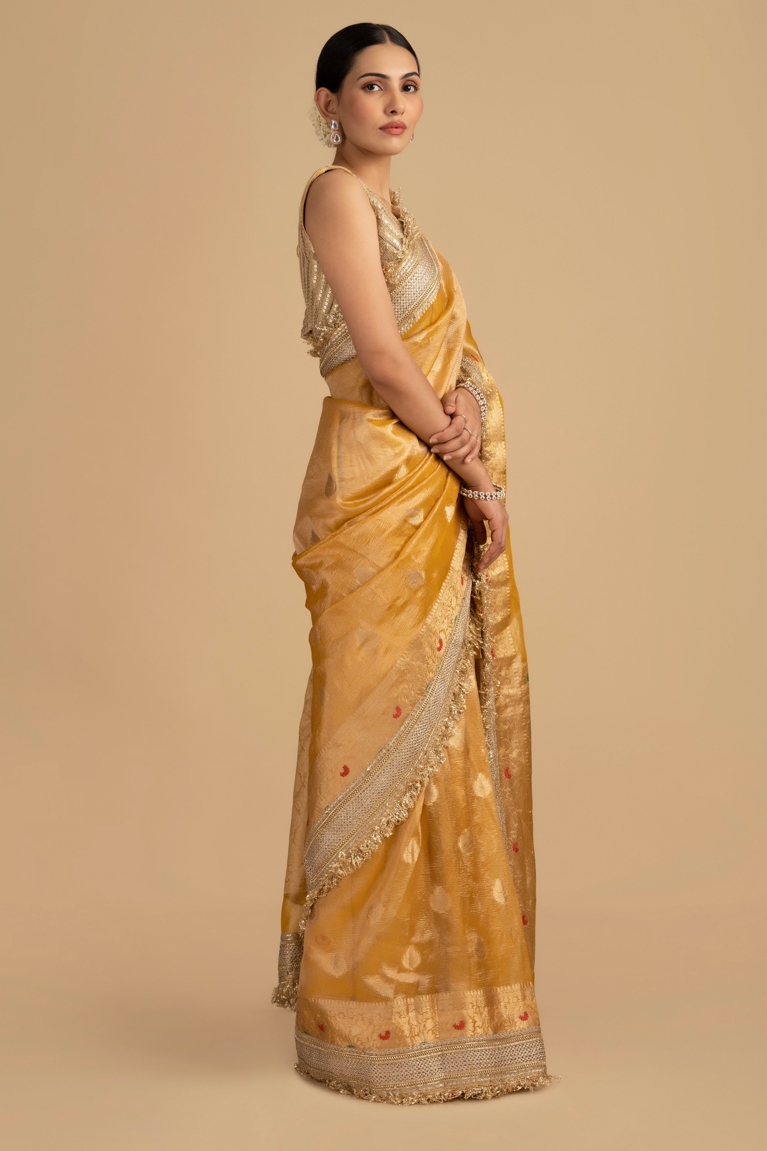 Mustard yellow Pure crushed tissue silk Banarasi hanloom Saree