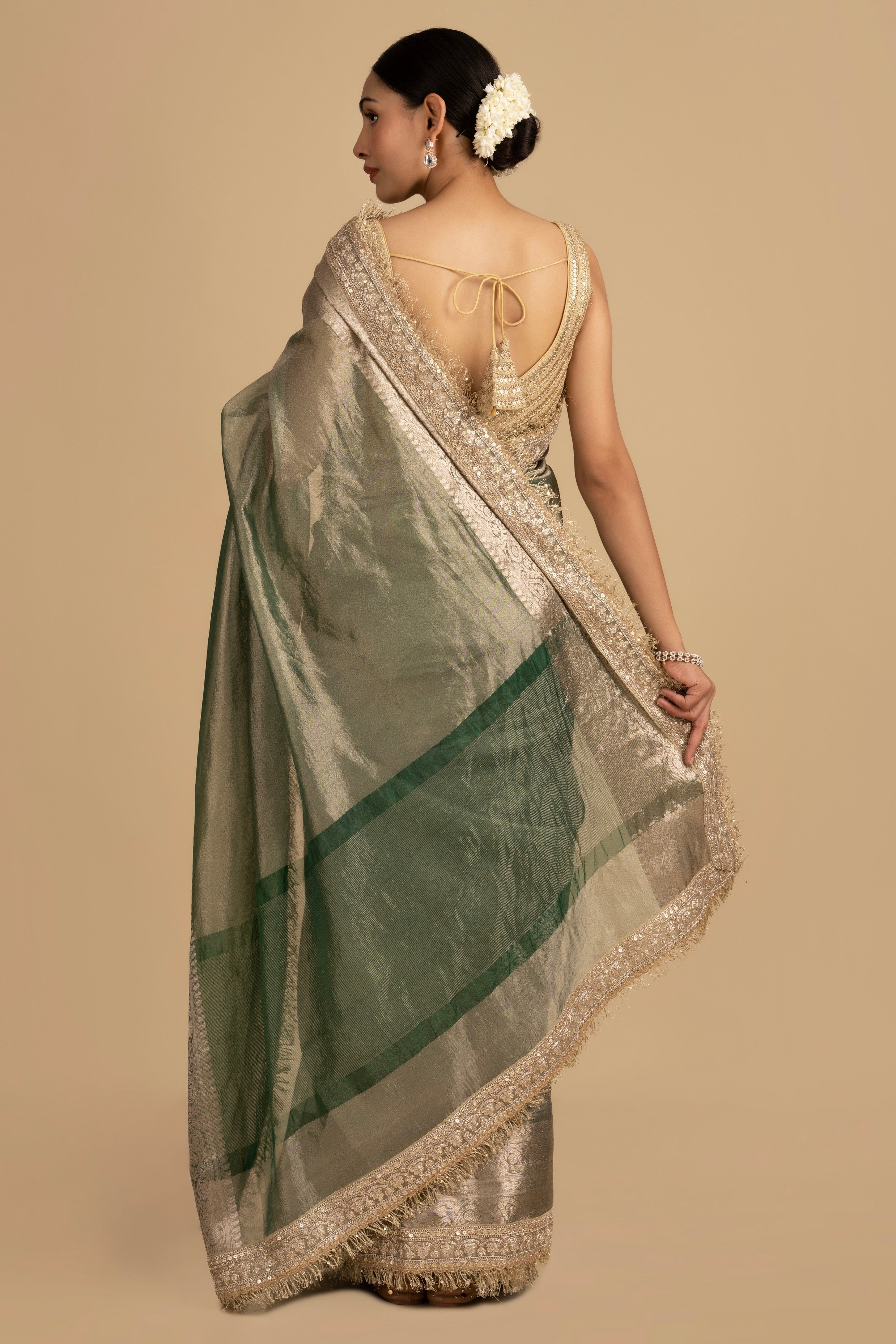 Green Shade Crushed Tissue Silk Banarasi handloom Saree