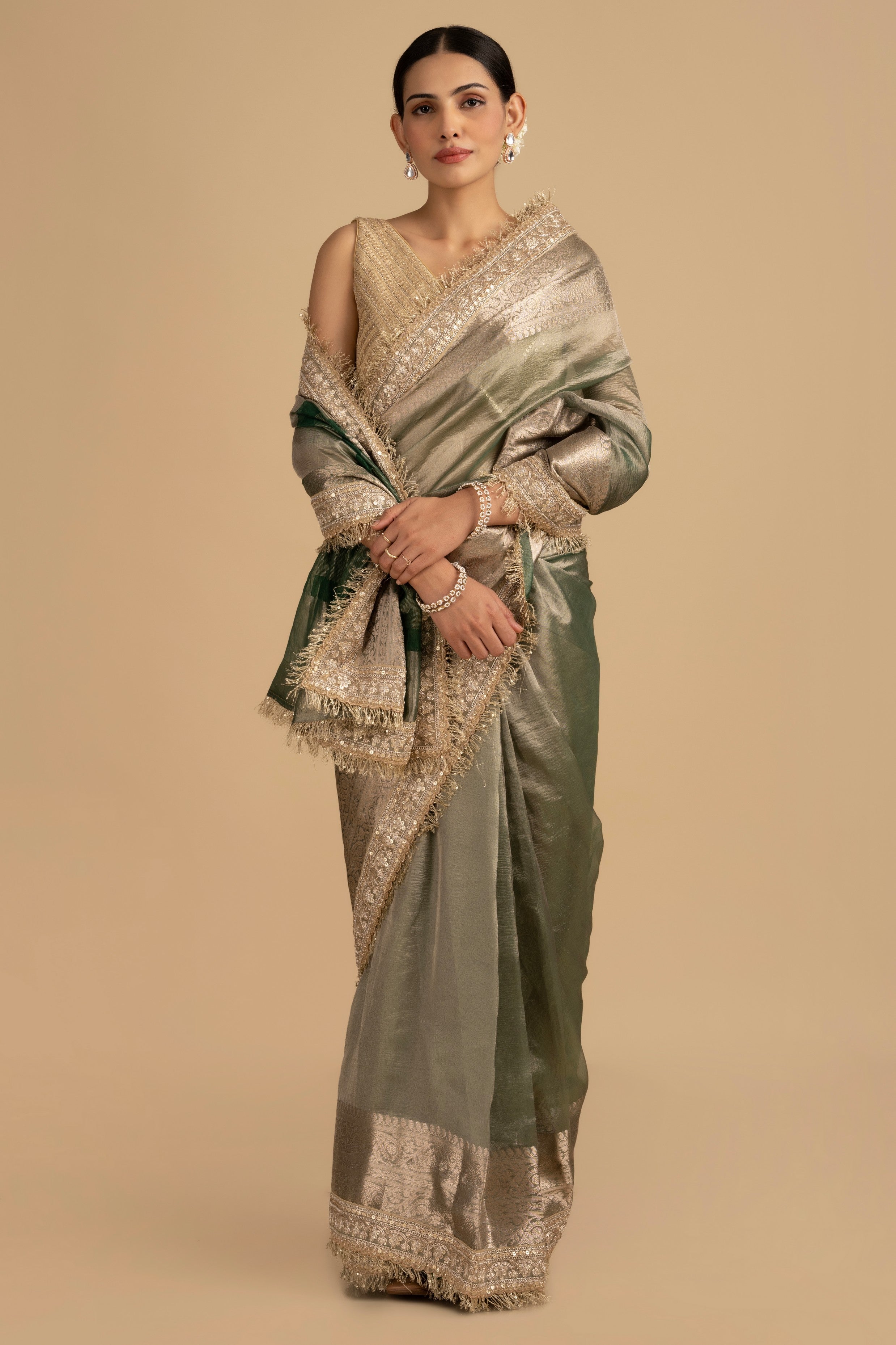 Green Shade Crushed Tissue Silk Banarasi handloom Saree