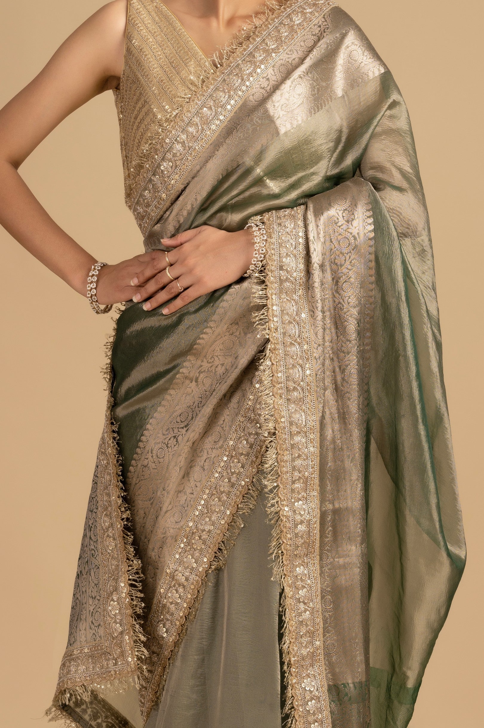 Green Shade Crushed Tissue Silk Banarasi handloom Saree