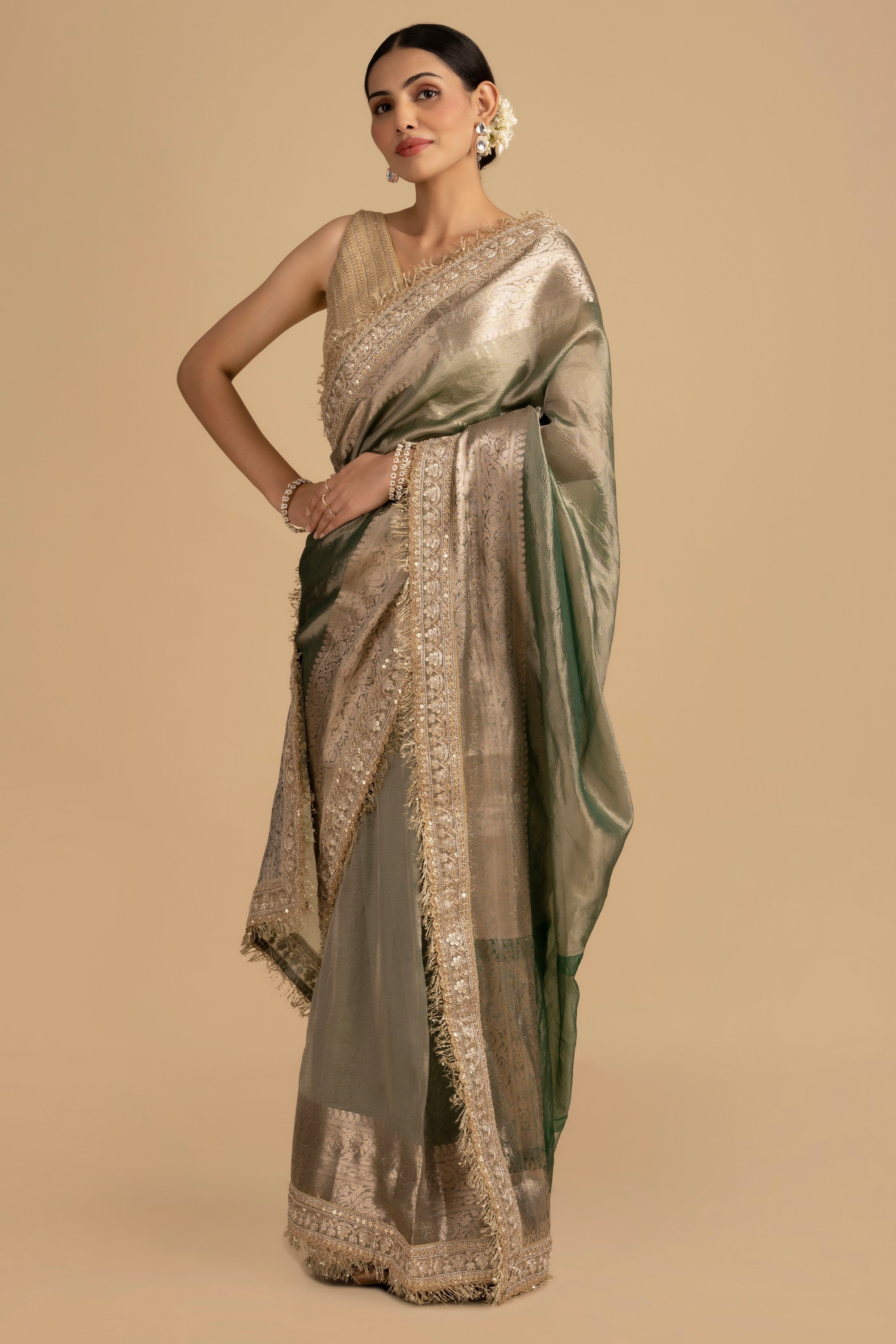 Green Shade Crushed Tissue Silk Banarasi handloom Saree