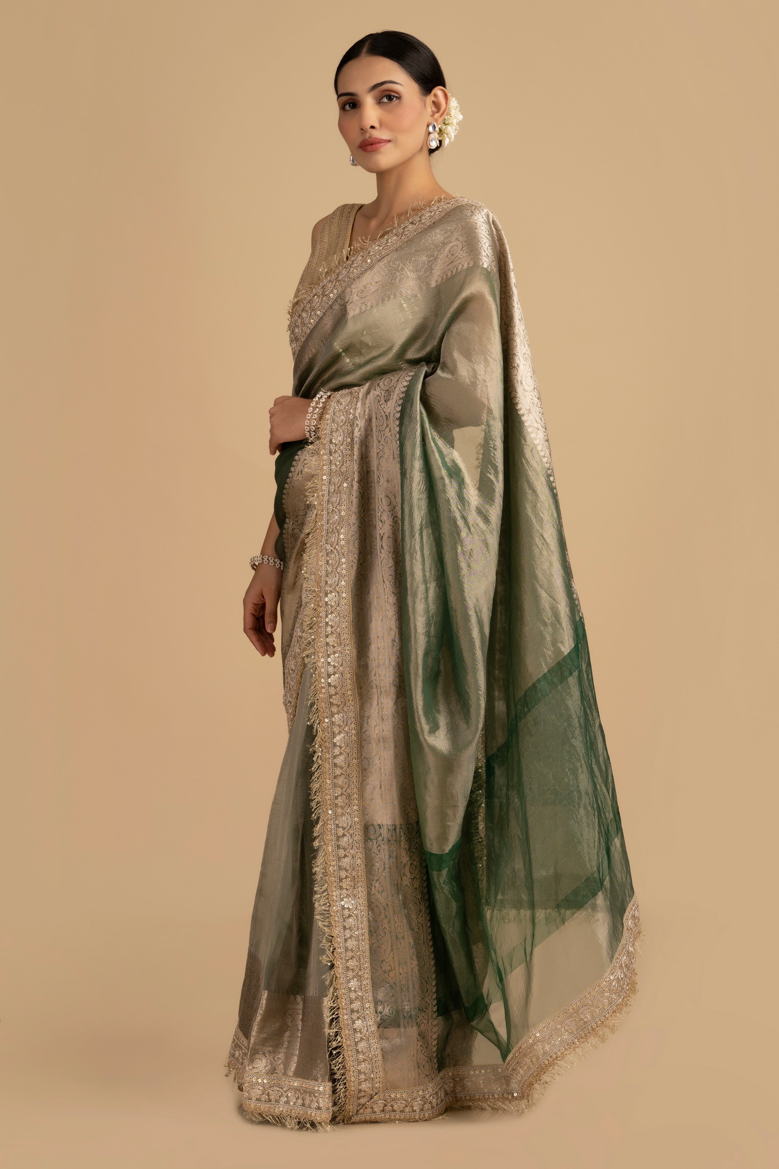 Green Shade Crushed Tissue Silk Banarasi handloom Saree