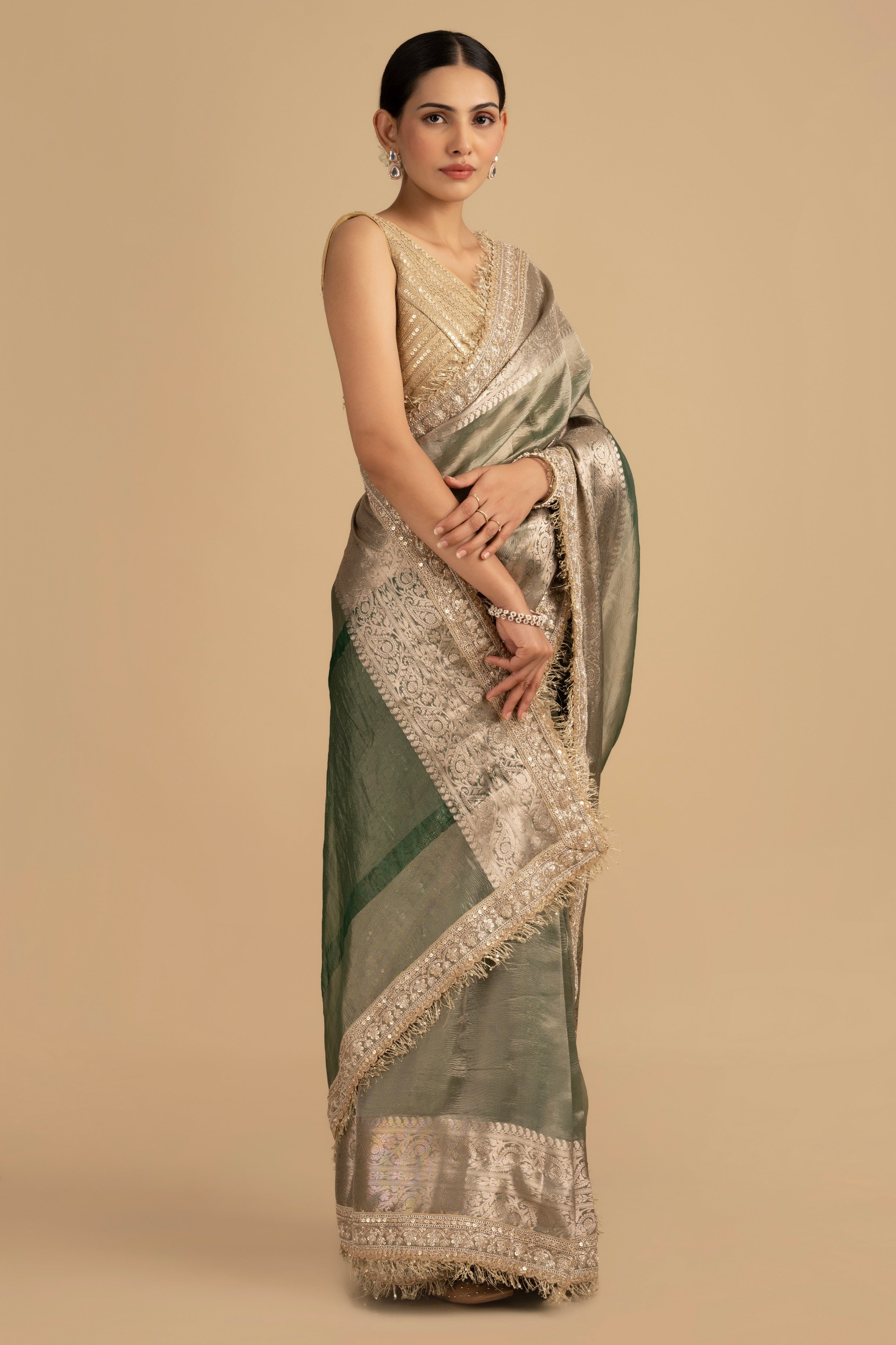 Green Shade Crushed Tissue Silk Banarasi handloom Saree