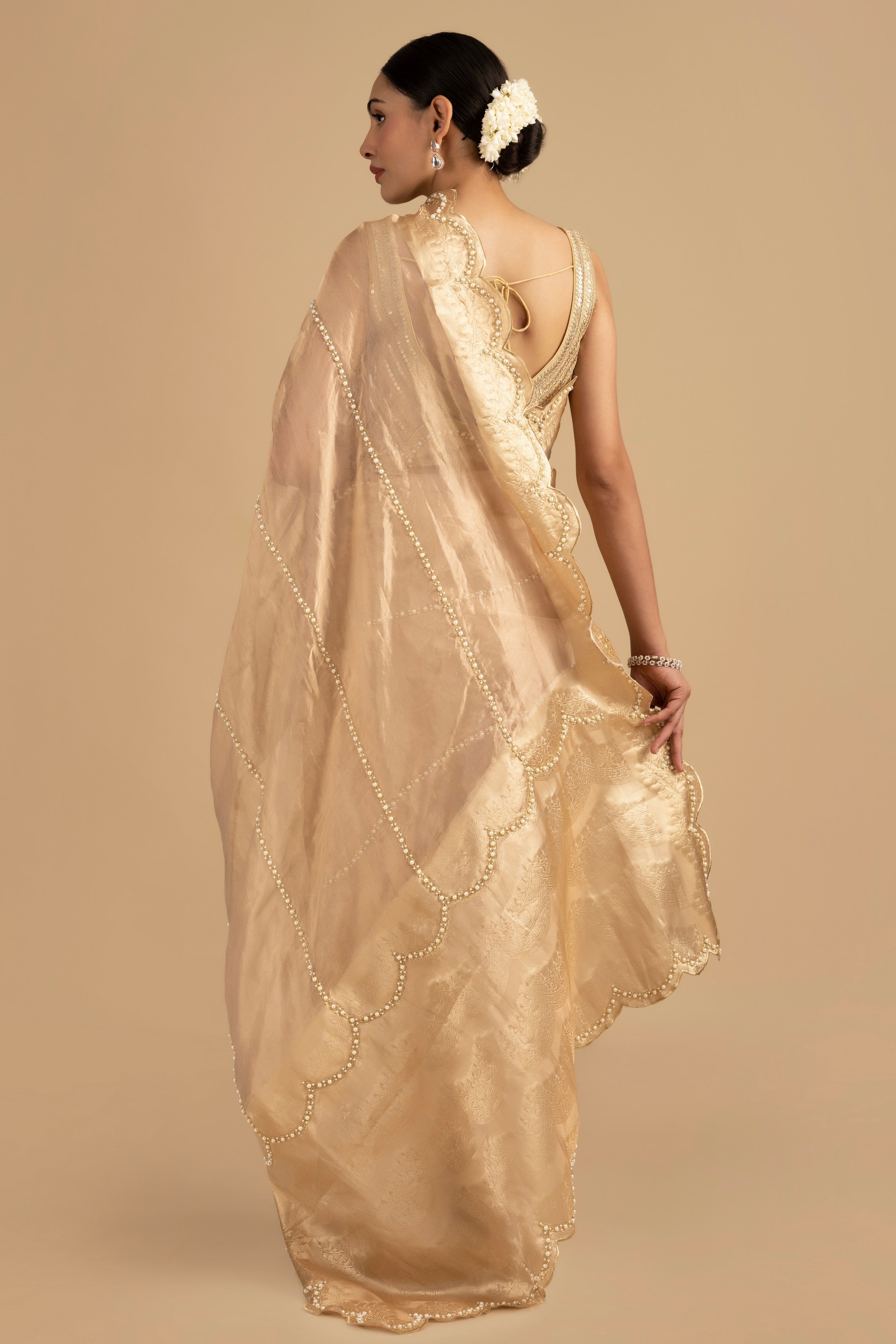 Golden Pure Tissue Silk Banarasi Hand Embroidered Saree