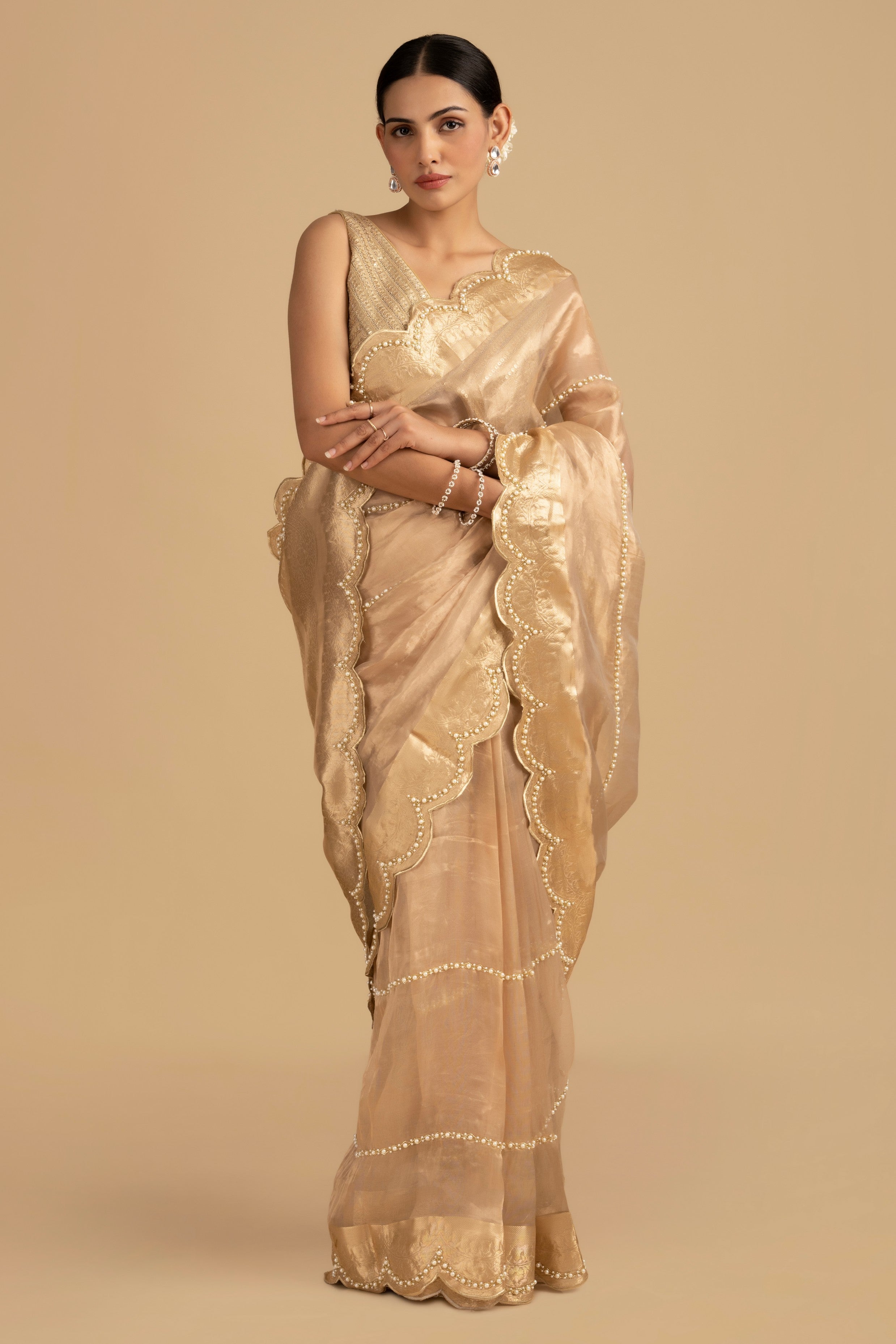 Golden Pure Tissue Silk Banarasi Hand Embroidered Saree