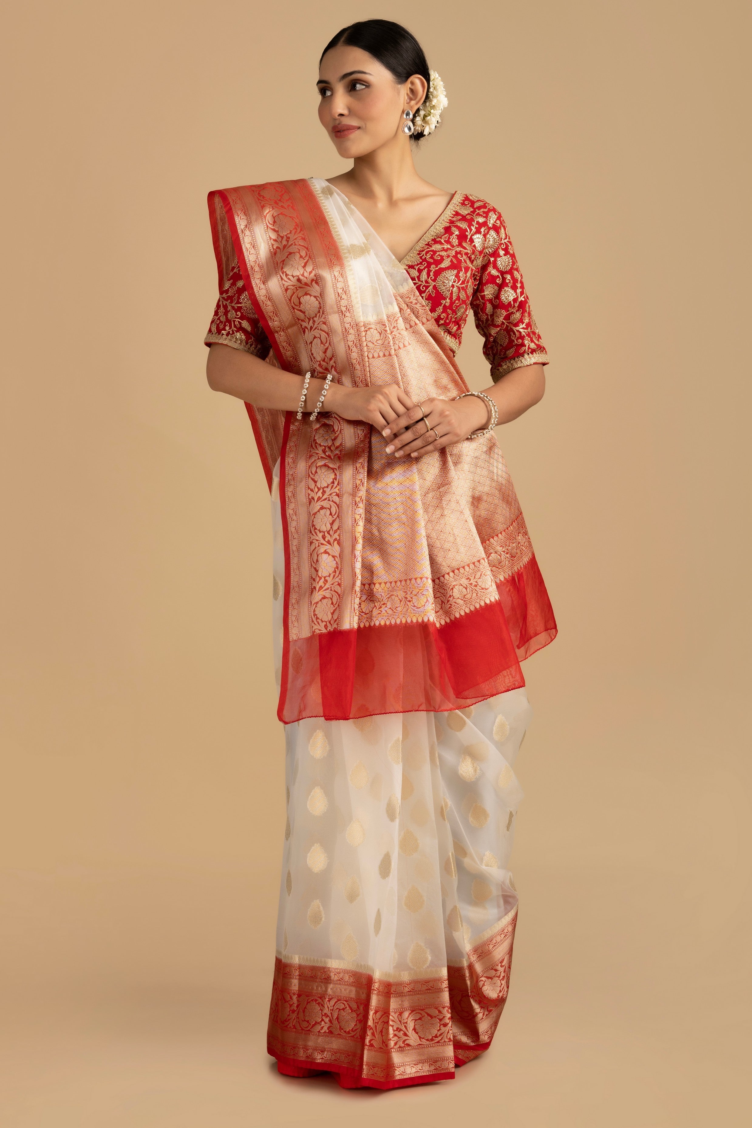 White - Red Kora Organza Silk Banarasi Handloom Saree