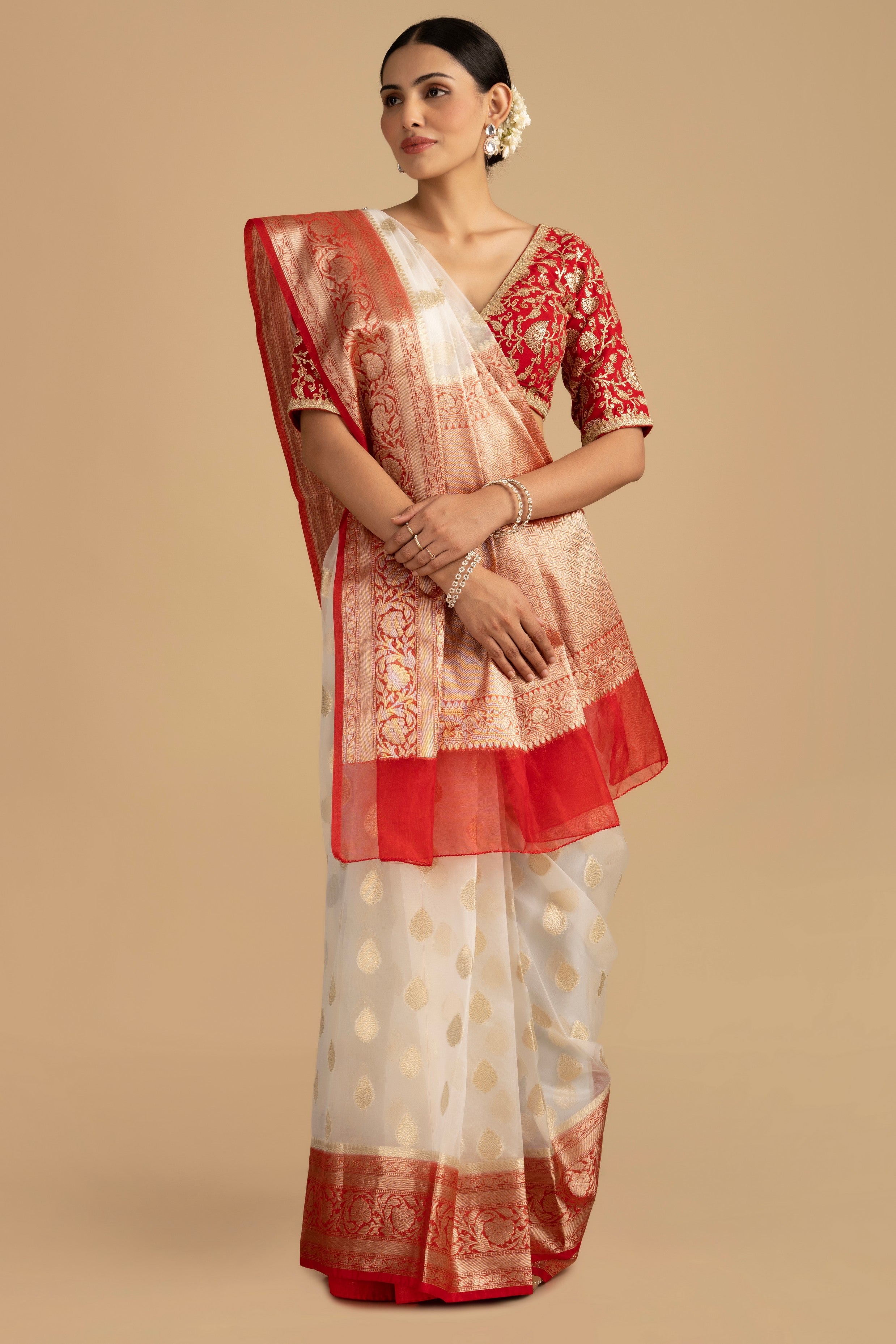 White - Red Kora Organza Silk Banarasi Handloom Saree