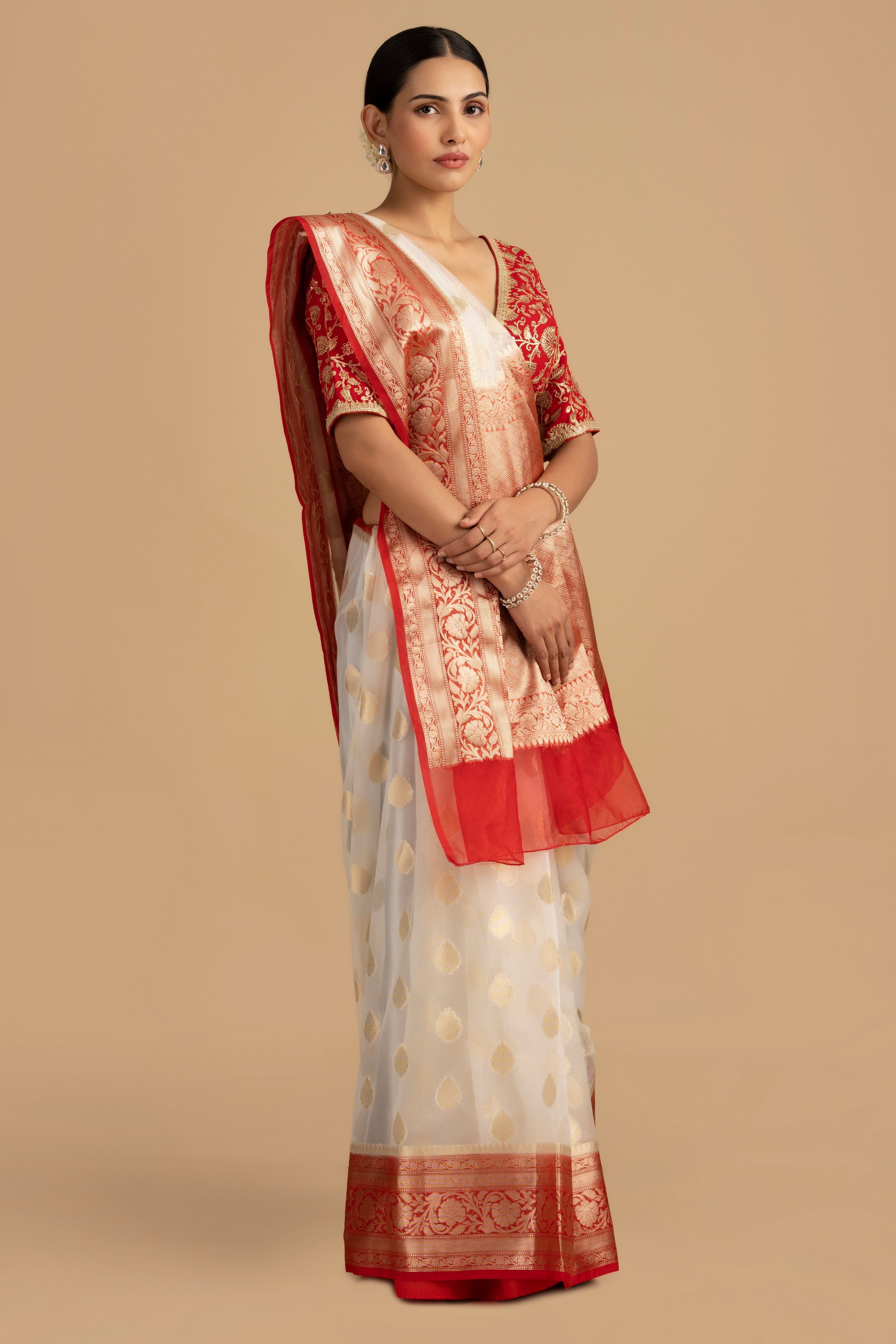 White - Red Kora Organza Silk Banarasi Handloom Saree