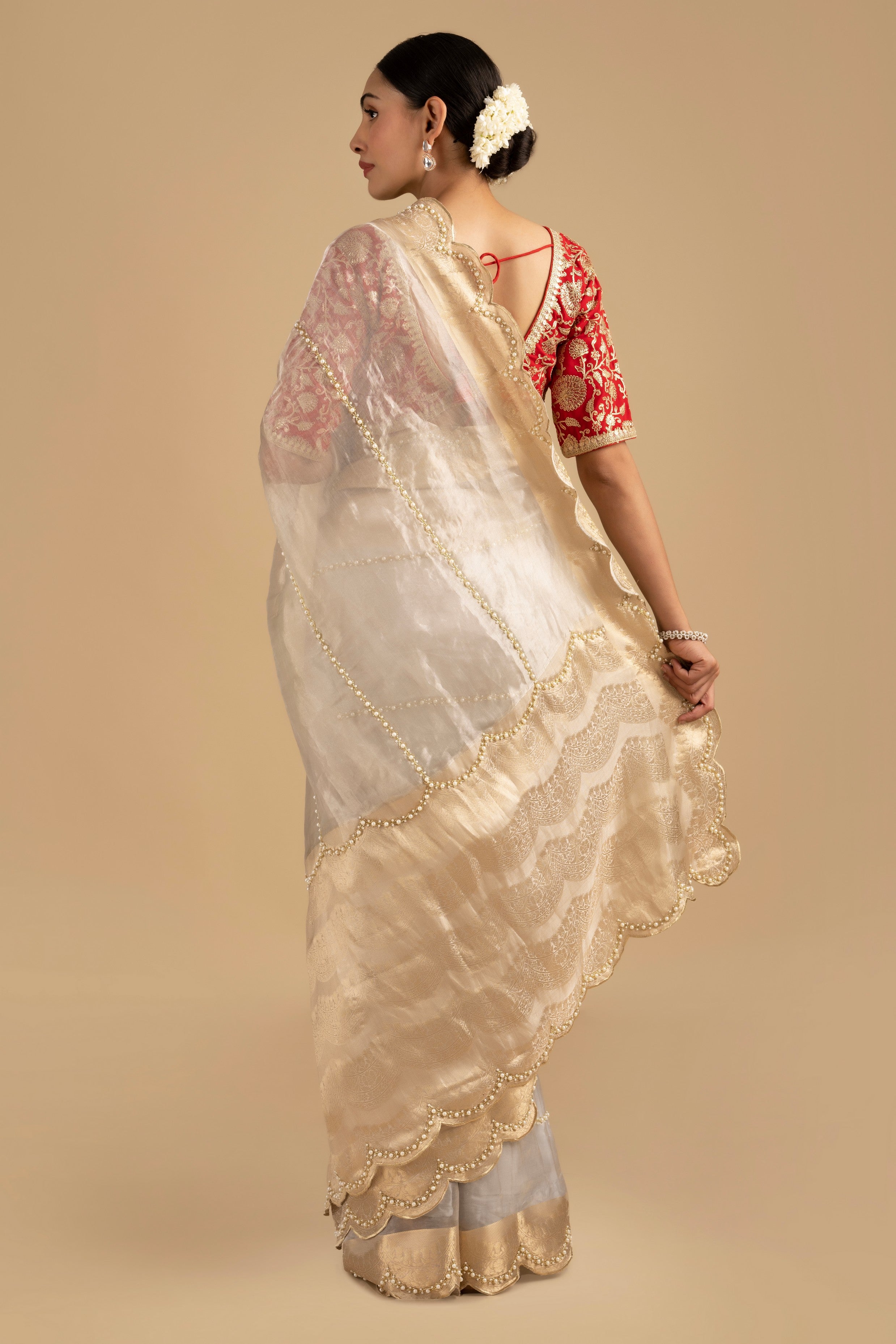 Silver Pure Tissue Silk Banarasi Hand Embroidered Saree