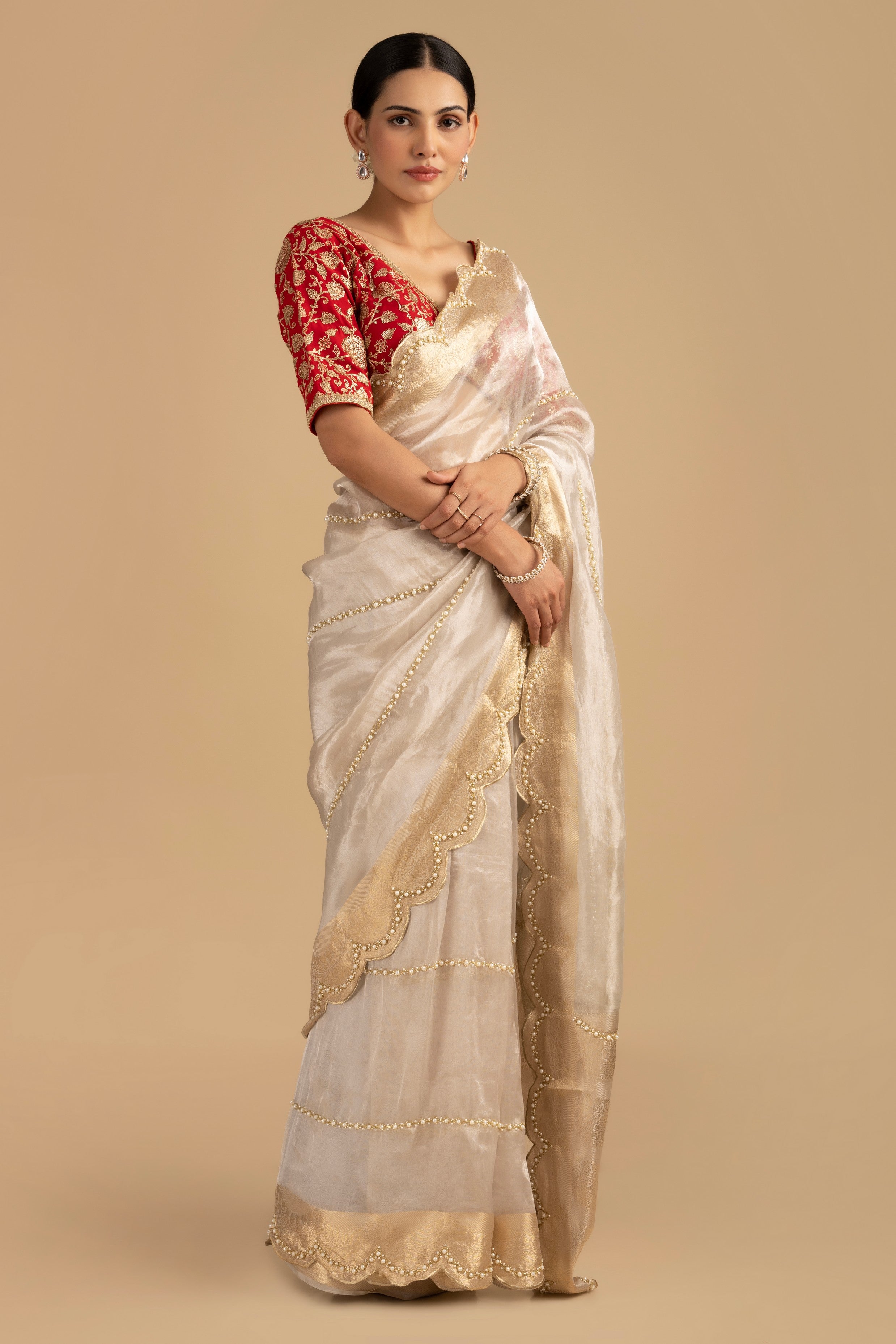 Silver Pure Tissue Silk Banarasi Hand Embroidered Saree