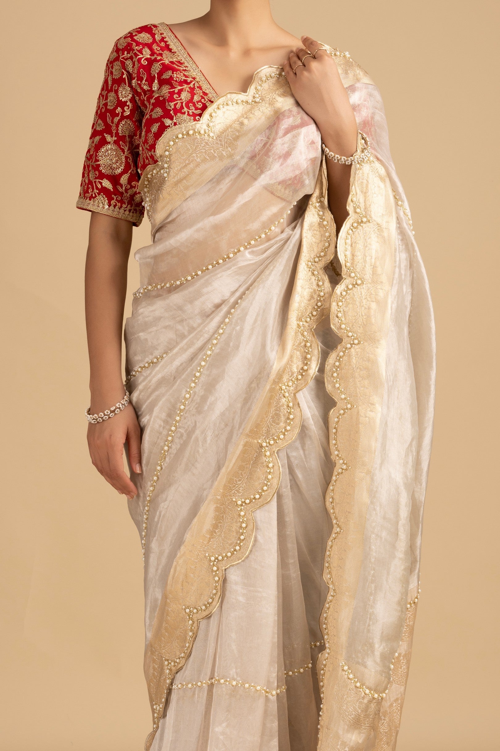 Silver Pure Tissue Silk Banarasi Hand Embroidered Saree