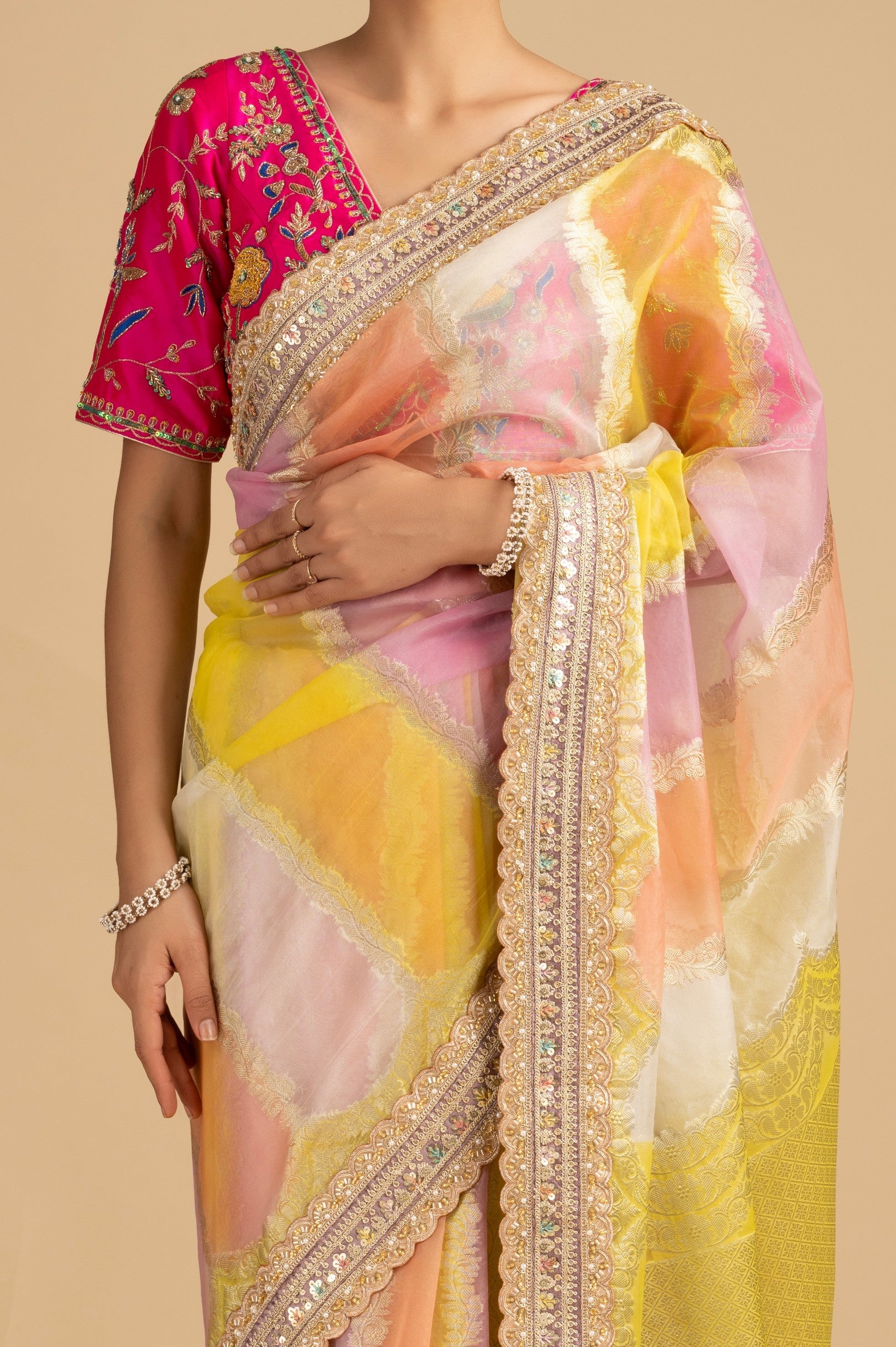 Pastel Multicolor Pure Tissue Silk banarasi handloom Saree