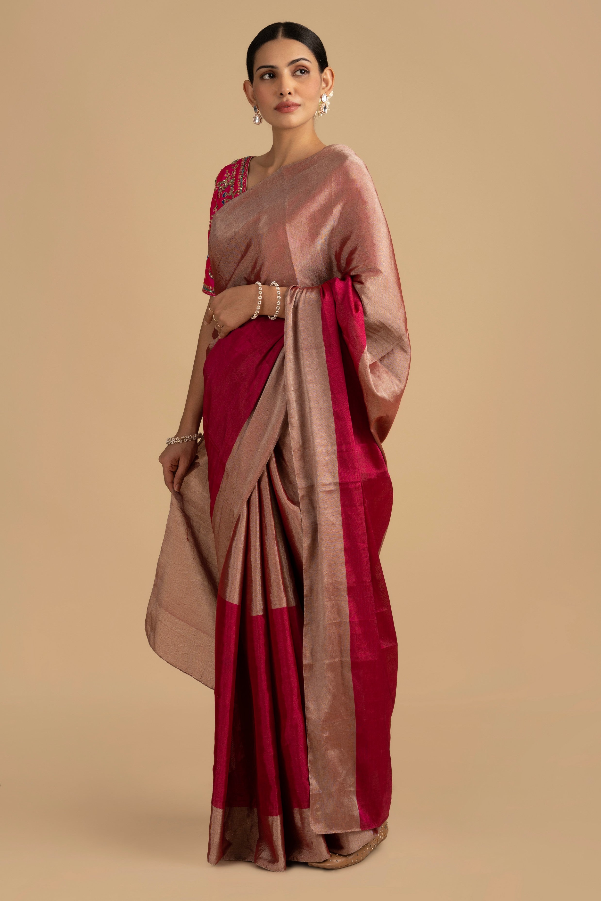 Grey - Hot Pink Pure Chanderi Tissue Handloom Saree