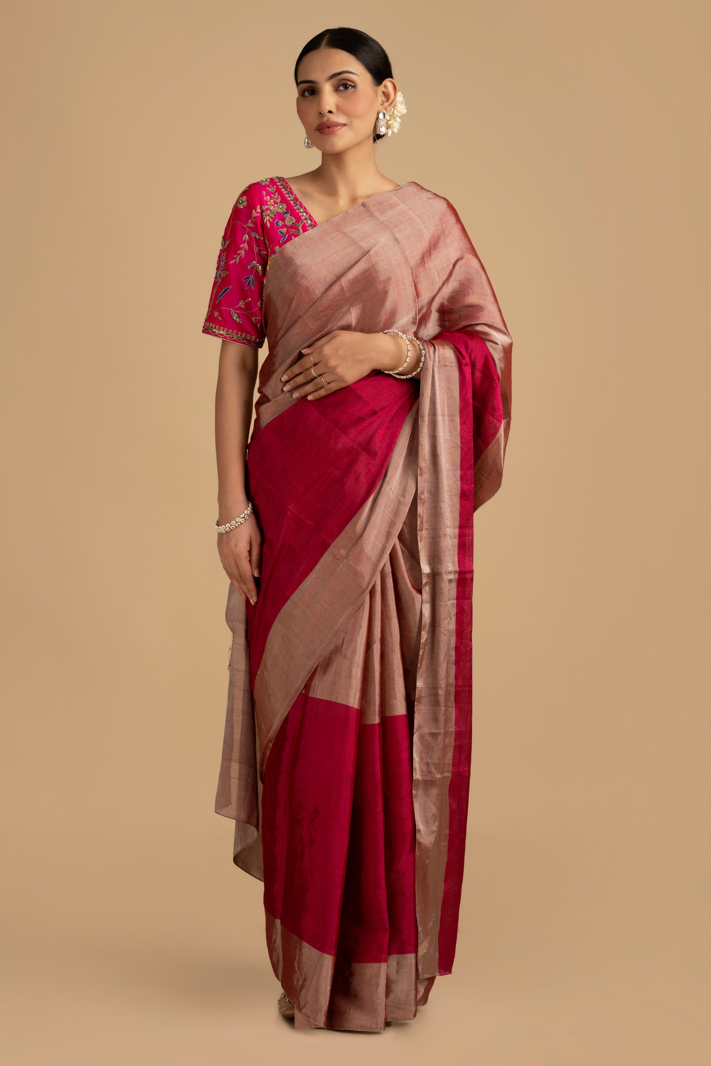 Grey - Hot Pink Pure Chanderi Tissue Handloom Saree
