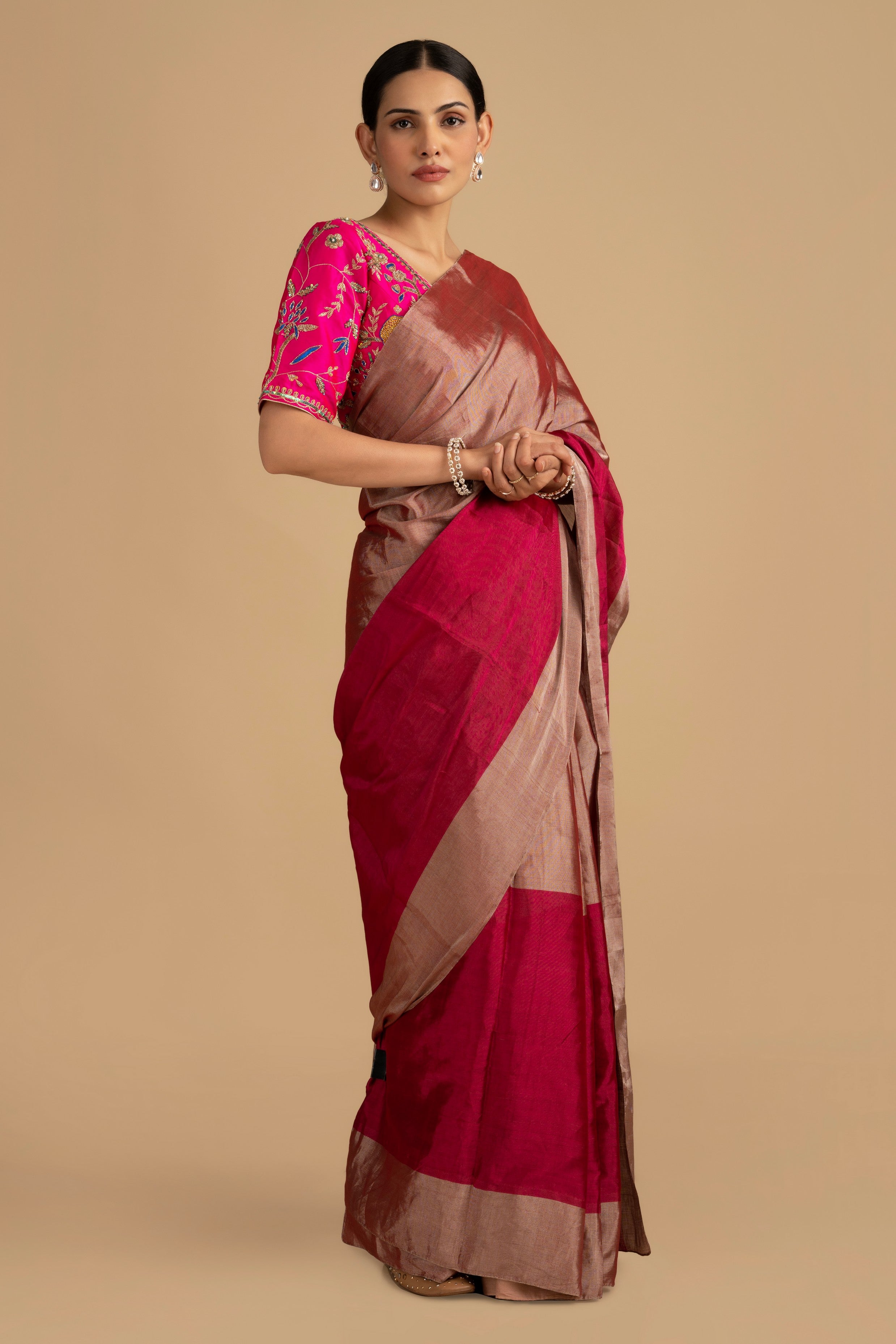 Grey - Hot Pink Pure Chanderi Tissue Handloom Saree
