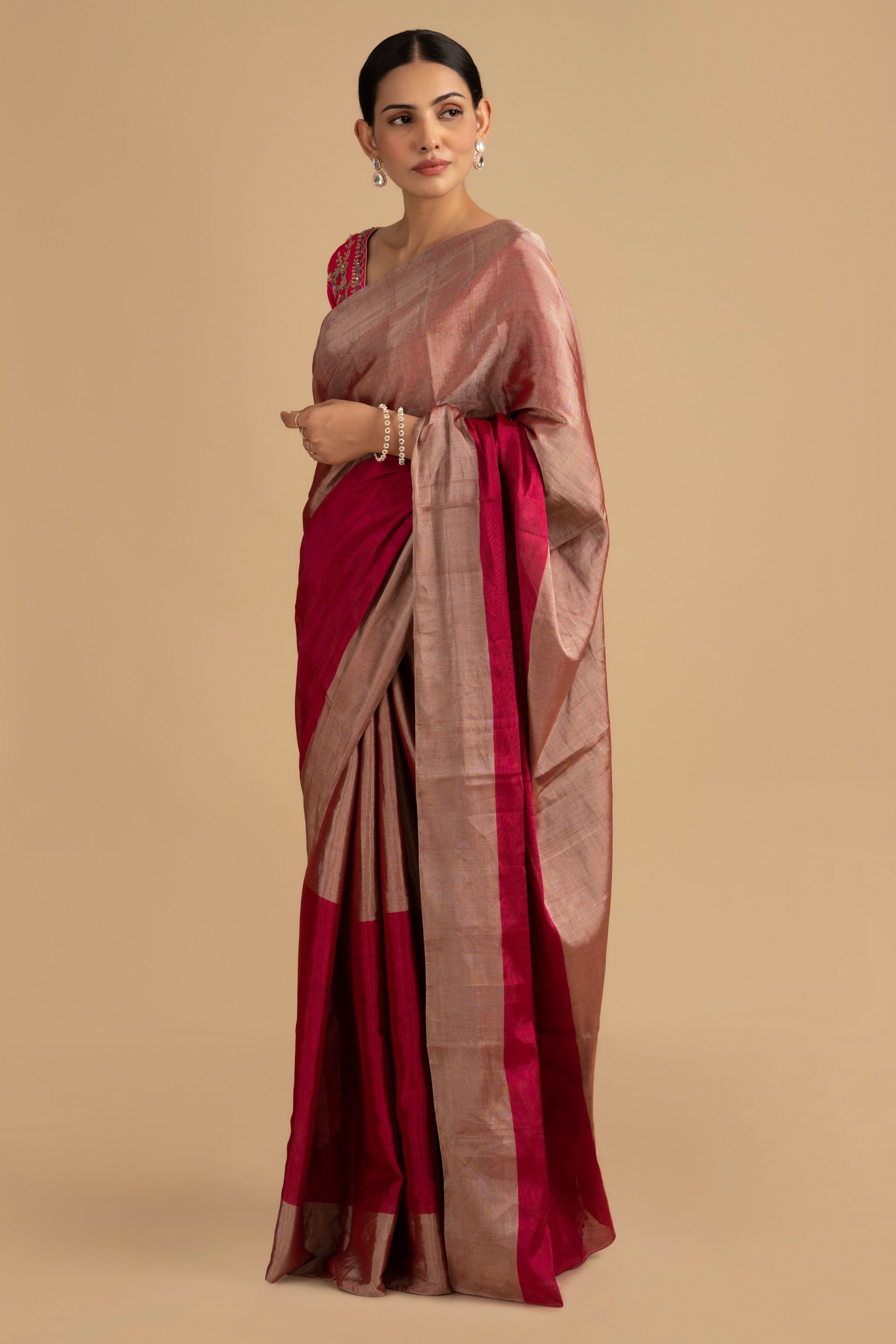 Grey - Hot Pink Pure Chanderi Tissue Handloom Saree