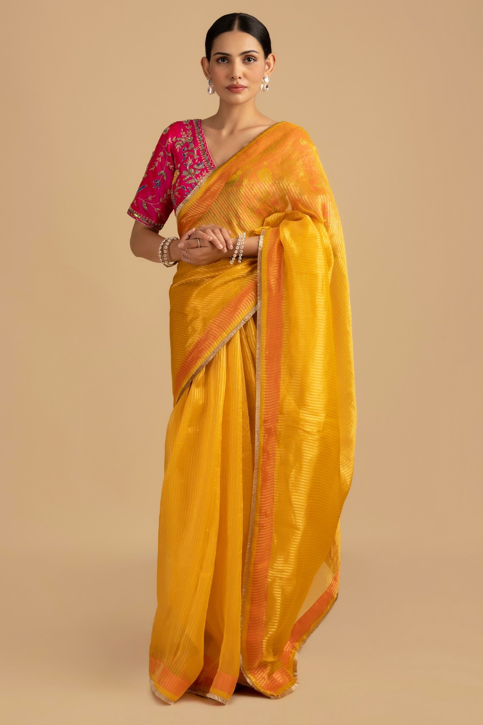Yellow Pure Organza Zari Silk Banrasi Handloom Saree