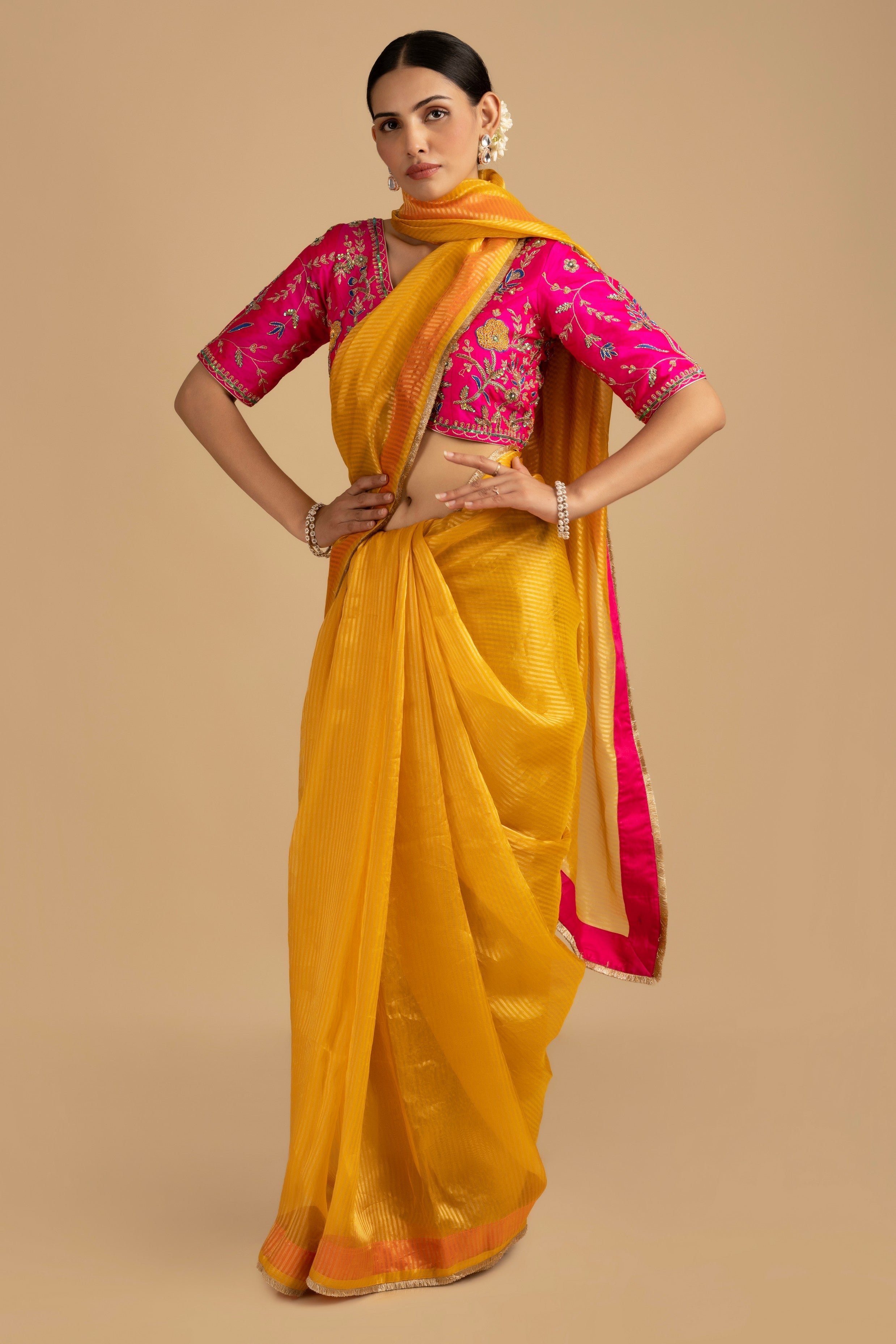 Yellow Pure Organza Zari Silk Banrasi Handloom Saree