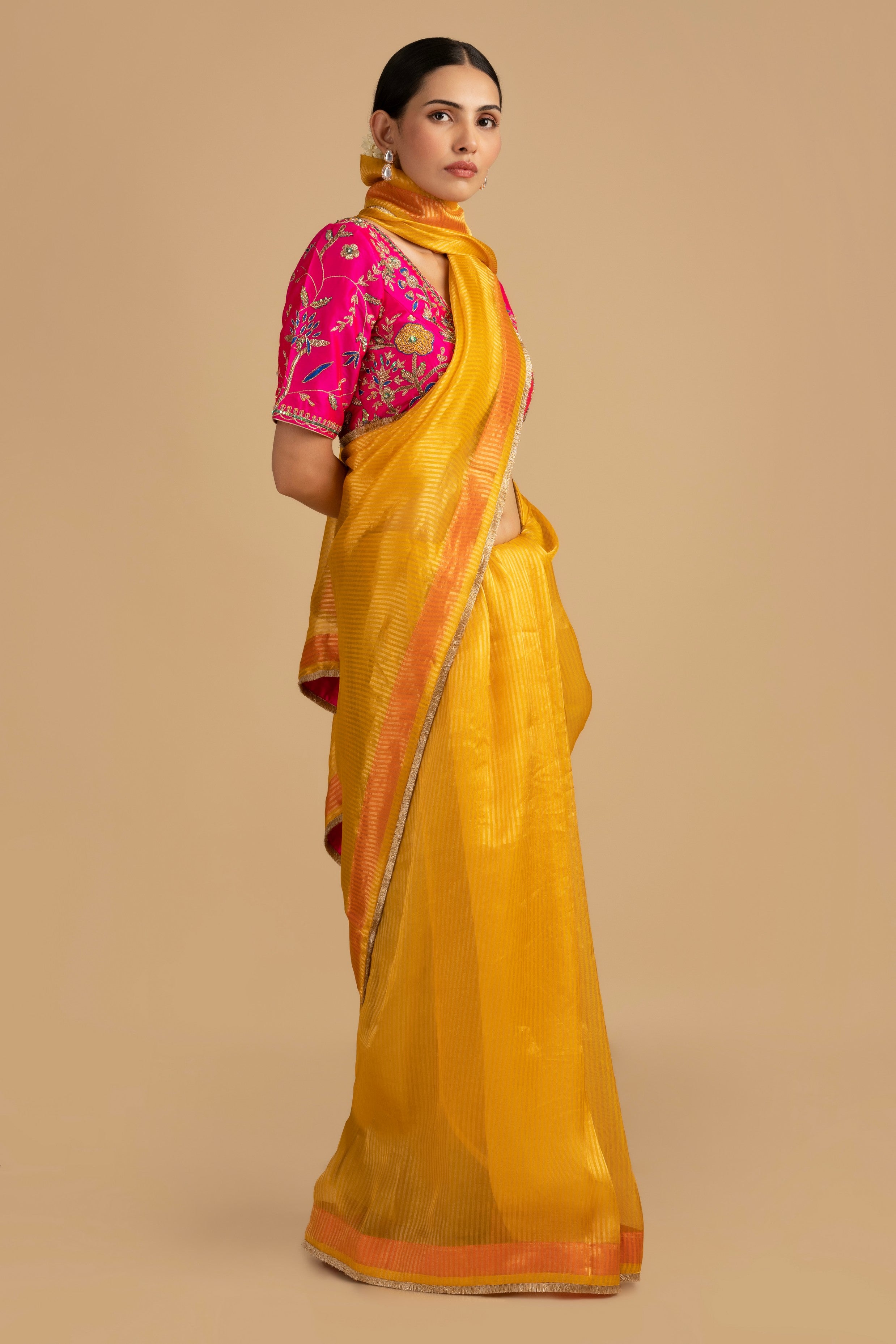 Yellow Pure Organza Zari Silk Banrasi Handloom Saree