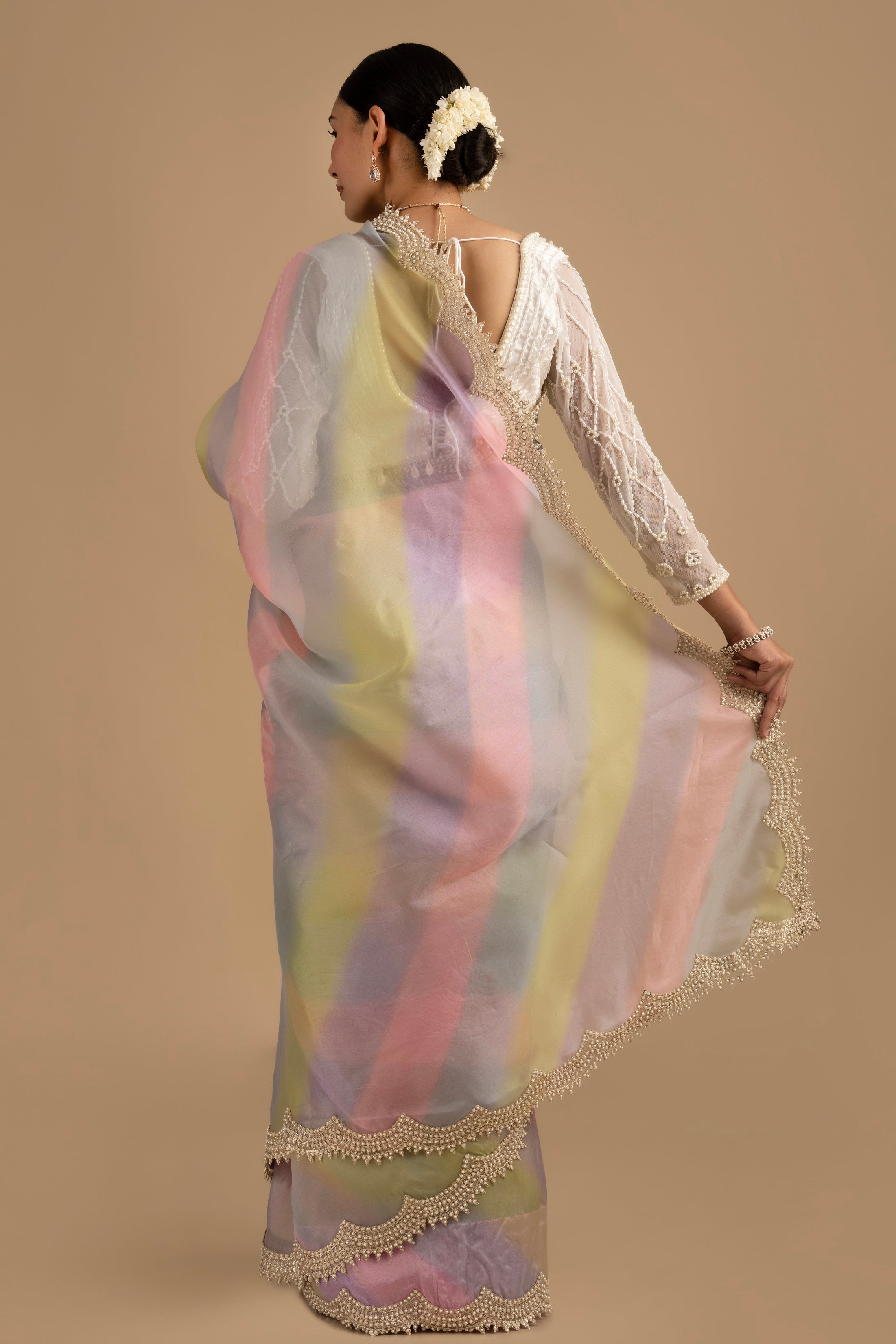Pastel MC Pure Organza Silk Saree with Pearl handwork