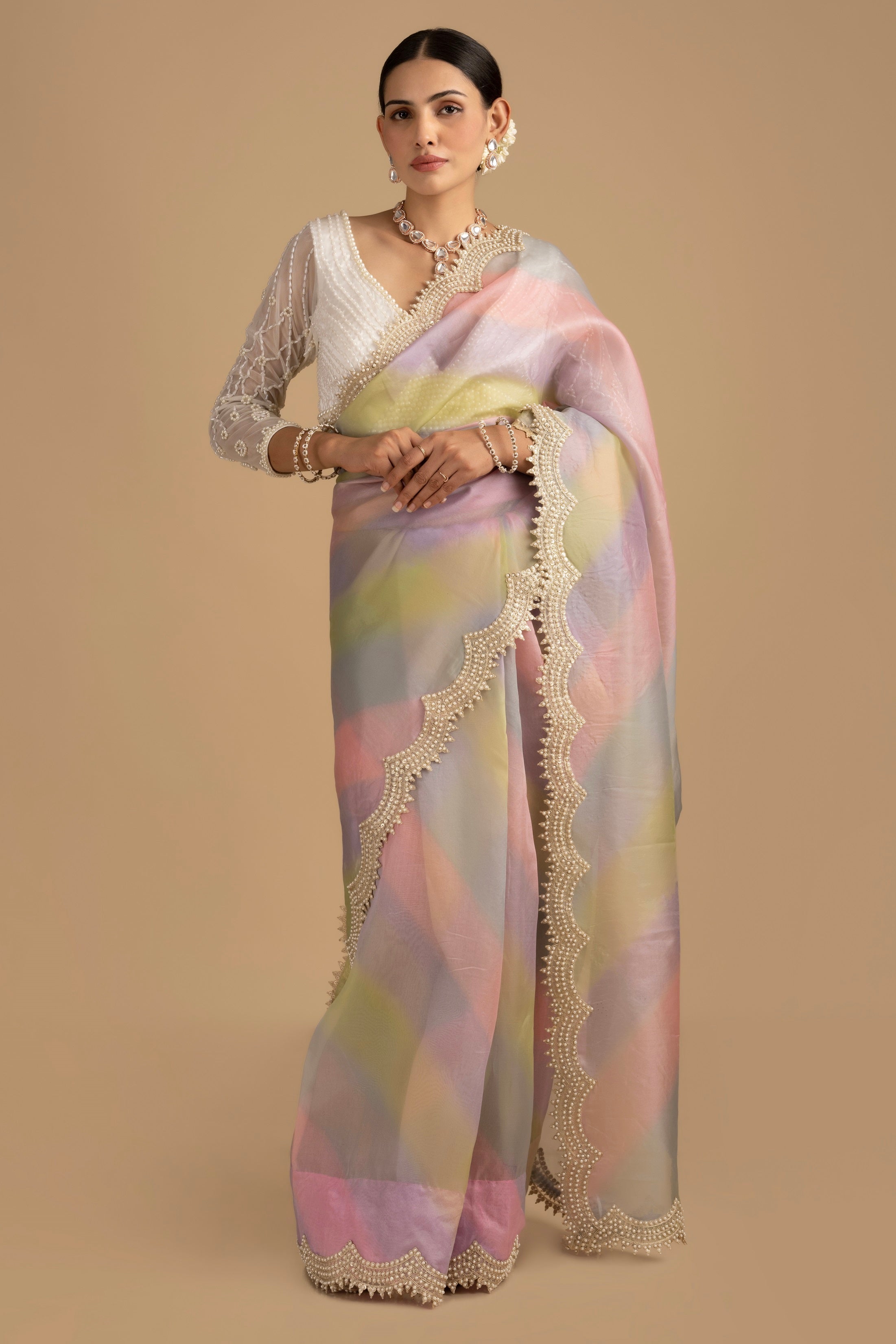 Pastel MC Pure Organza Silk Saree with Pearl handwork