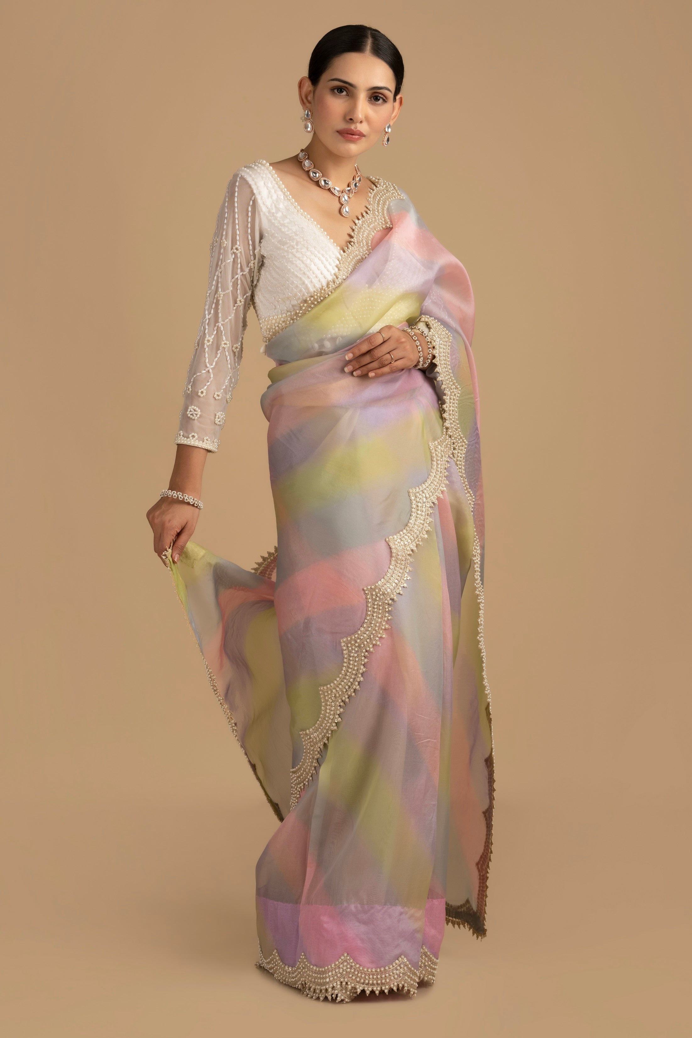 Pastel MC Pure Organza Silk Saree with Pearl handwork