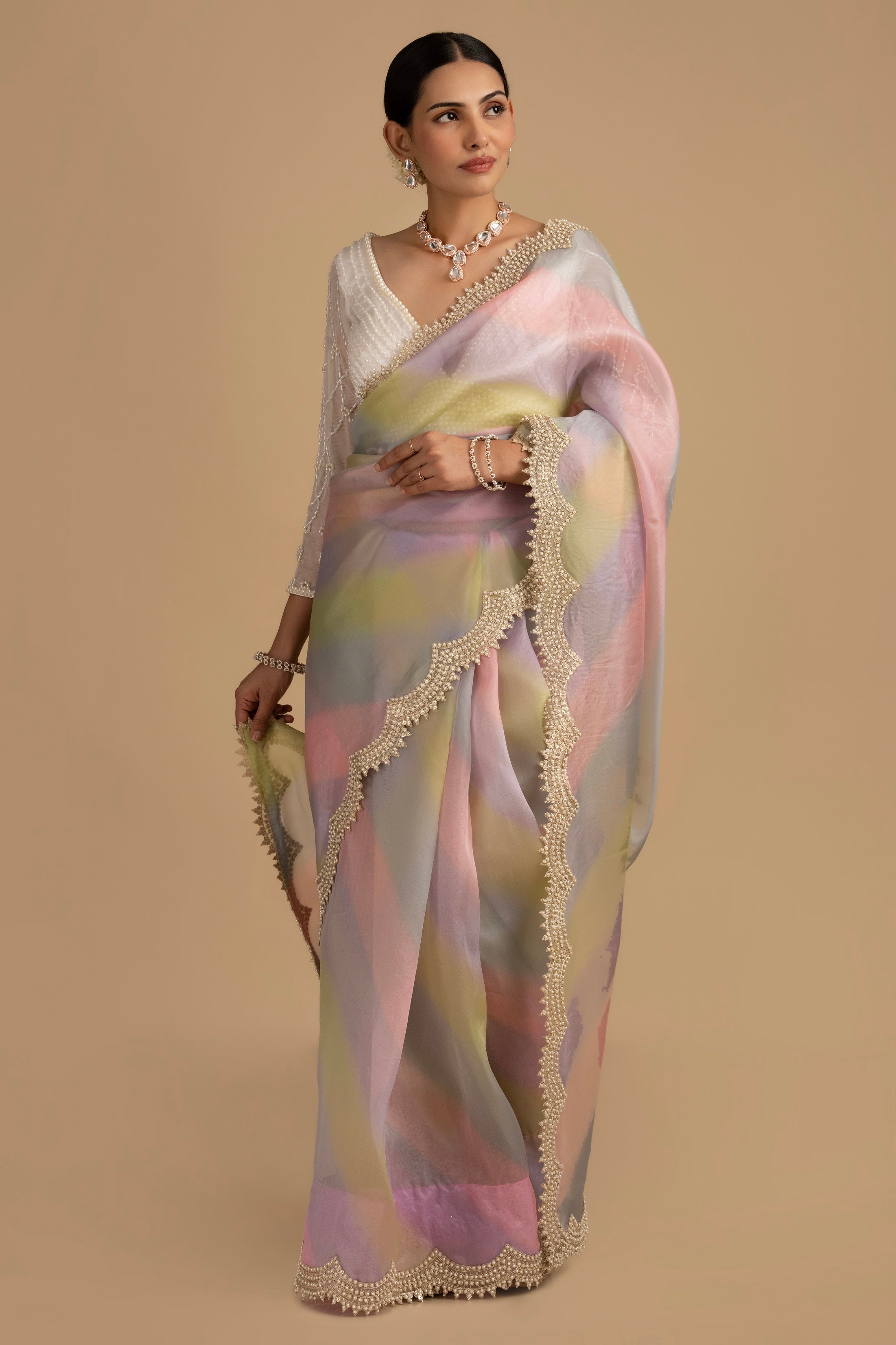 Pastel MC Pure Organza Silk Saree with Pearl handwork