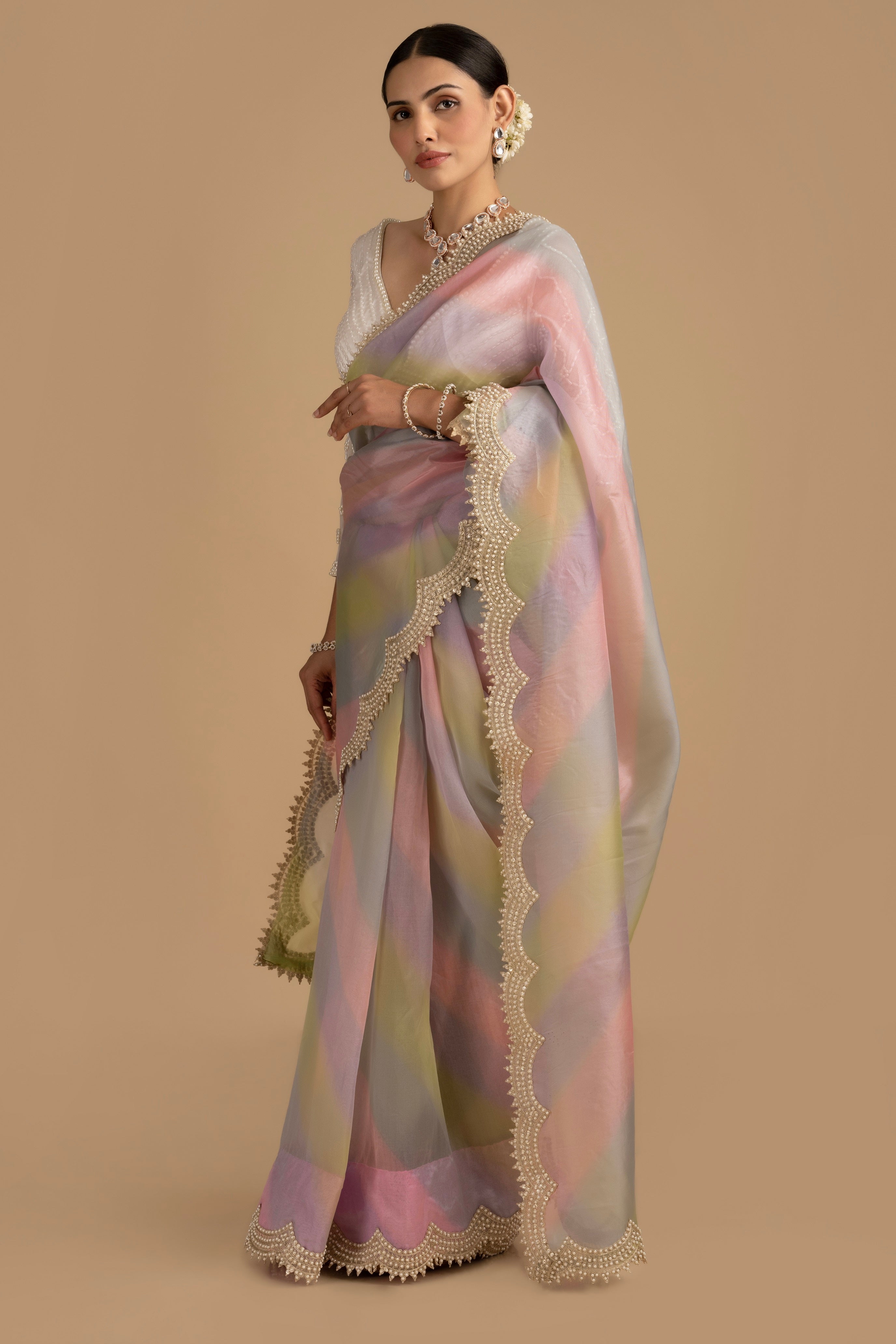 Pastel MC Pure Organza Silk Saree with Pearl handwork