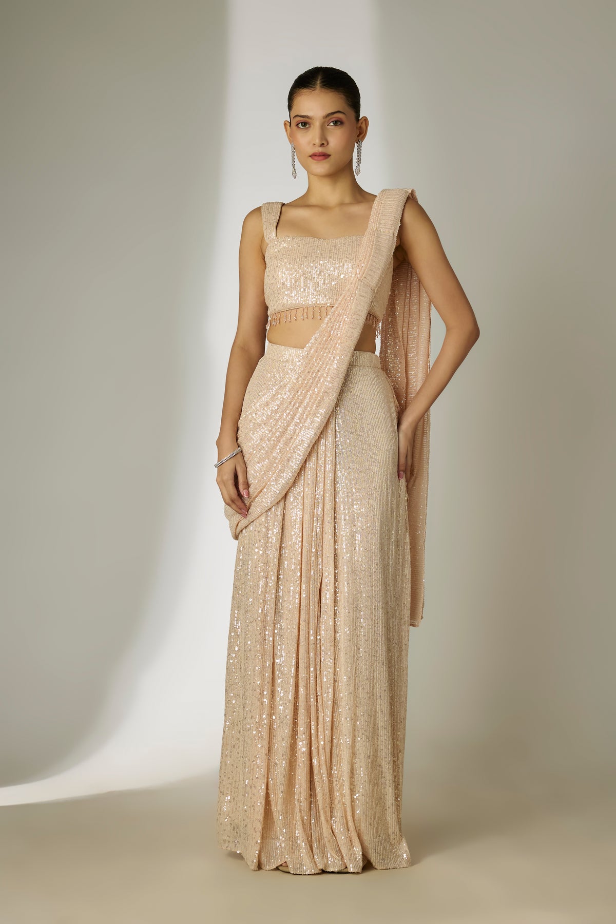 Cream Sequin Saree Set