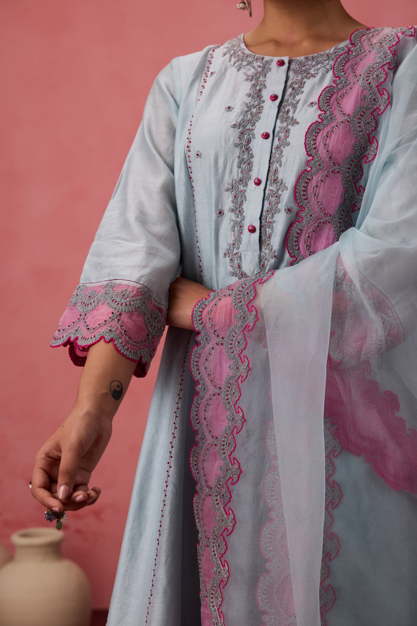 Sky blue chanderi dori work floral and french knot embroidered kurta paired with pant & organza dupatta