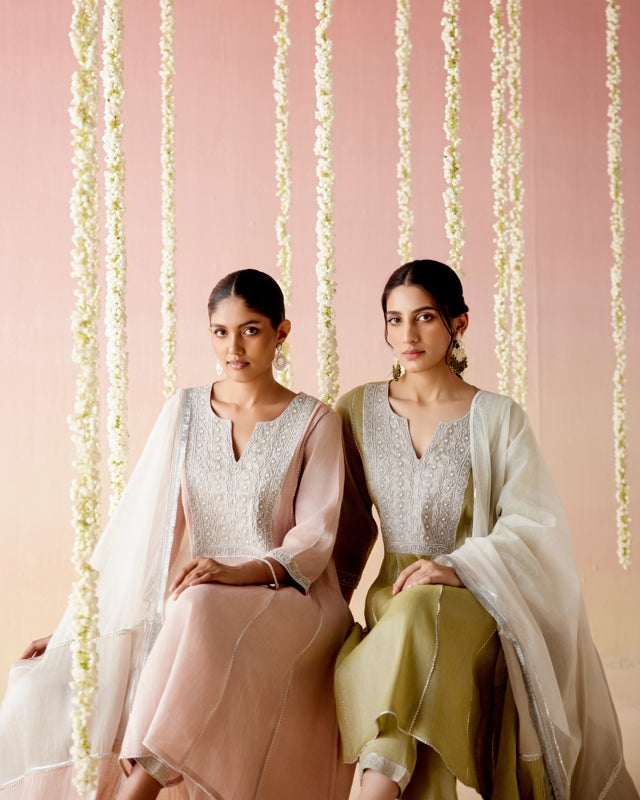 Rosy Pearl Tissue Anarkali with
Narrow Pants & Dupatta - Set of 3