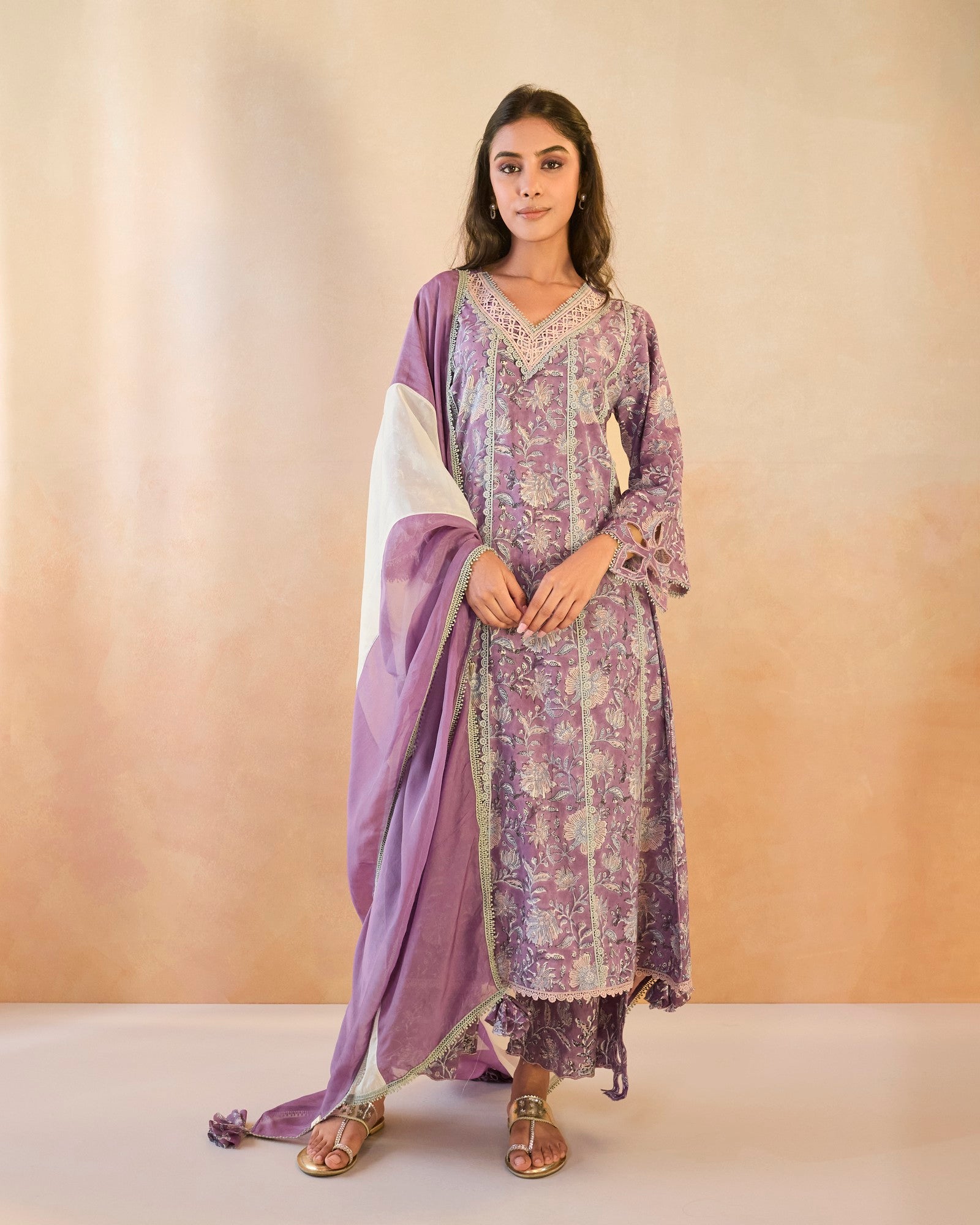 Mauve Chintz Cutwork Cotton Kurta with Wide Leg Pants