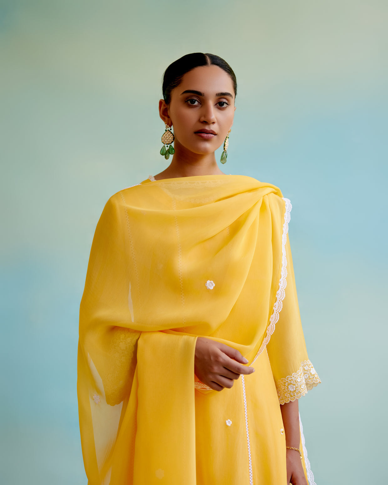Misty Yellow Organza Anarkali Kurta with Lace Detailing and Floral Embroidery