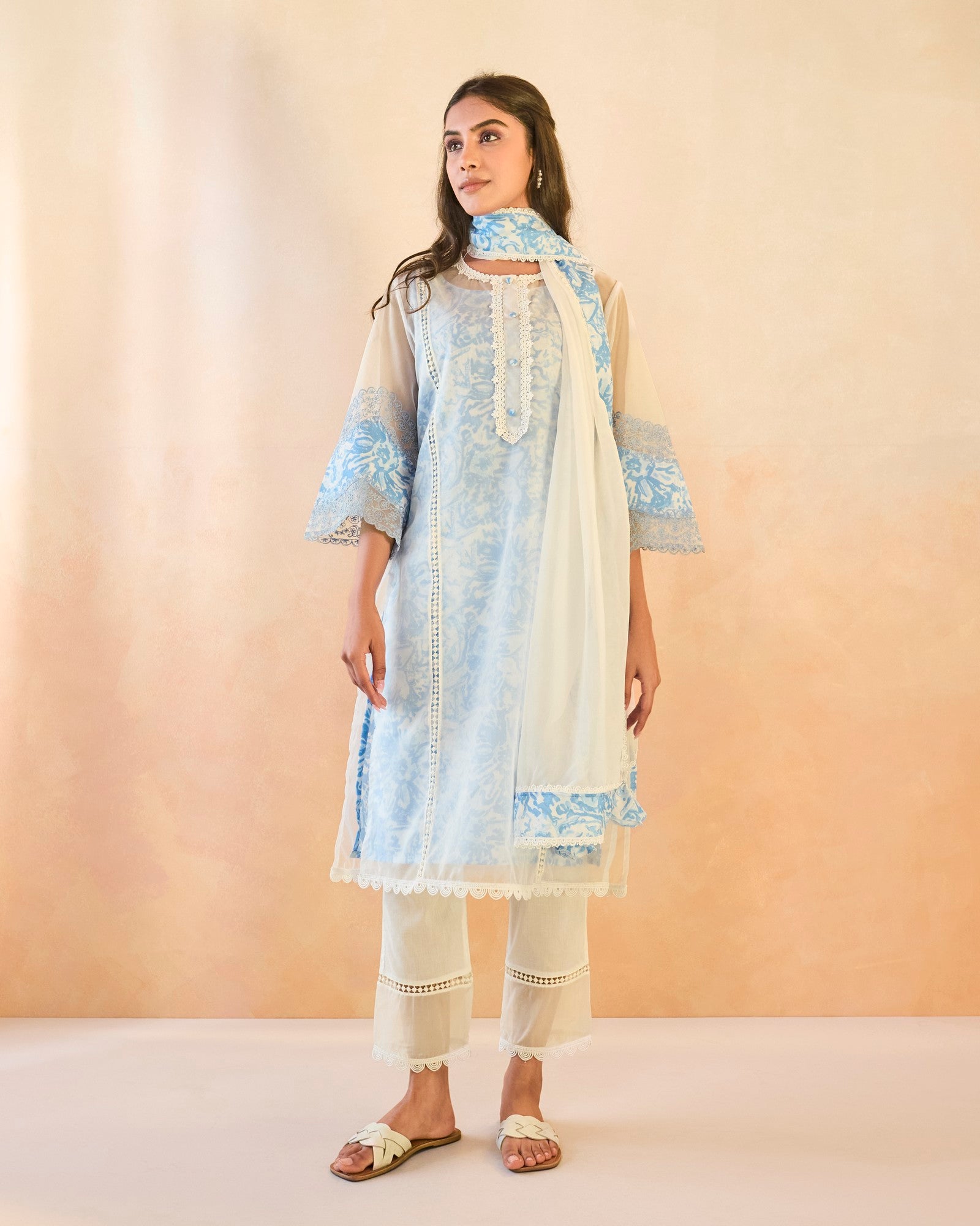 Sky Floral Embroidered Organza Slip Kurta with Narrow Pants