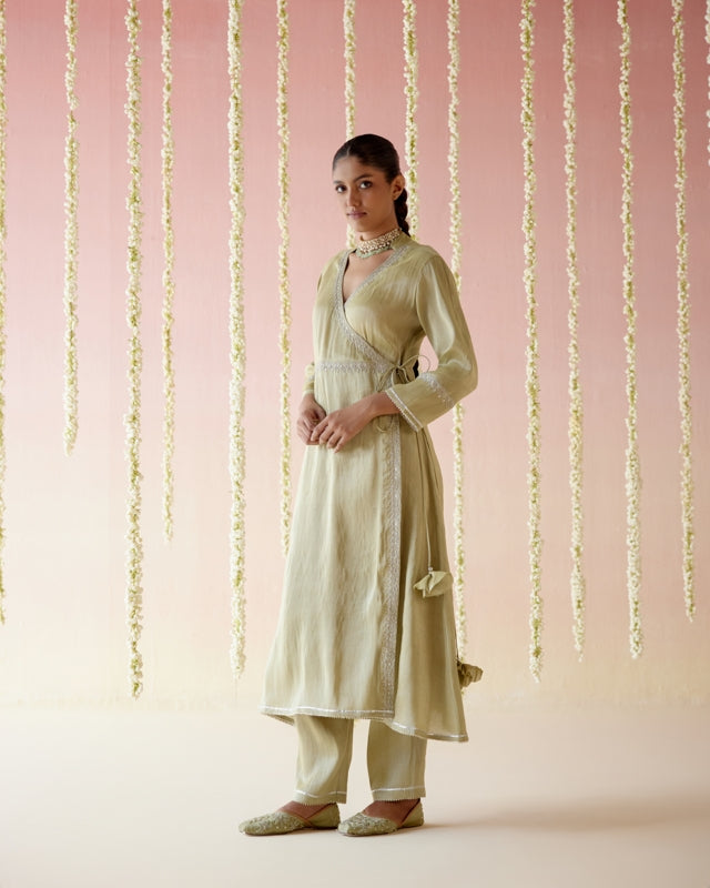 Moss Green Tissue Angarakha with Narrow Pants & Dupatta set - Set of 3