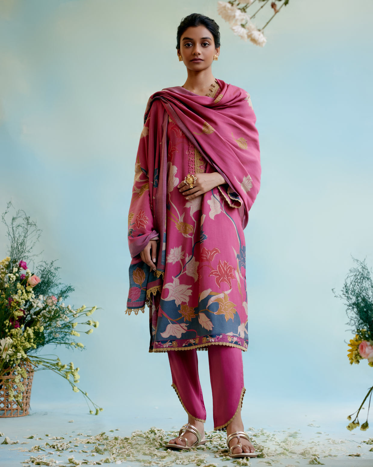 Orchid Pink Printer Kurta with delicate lace detailing with Tulip Pants and Dupatta